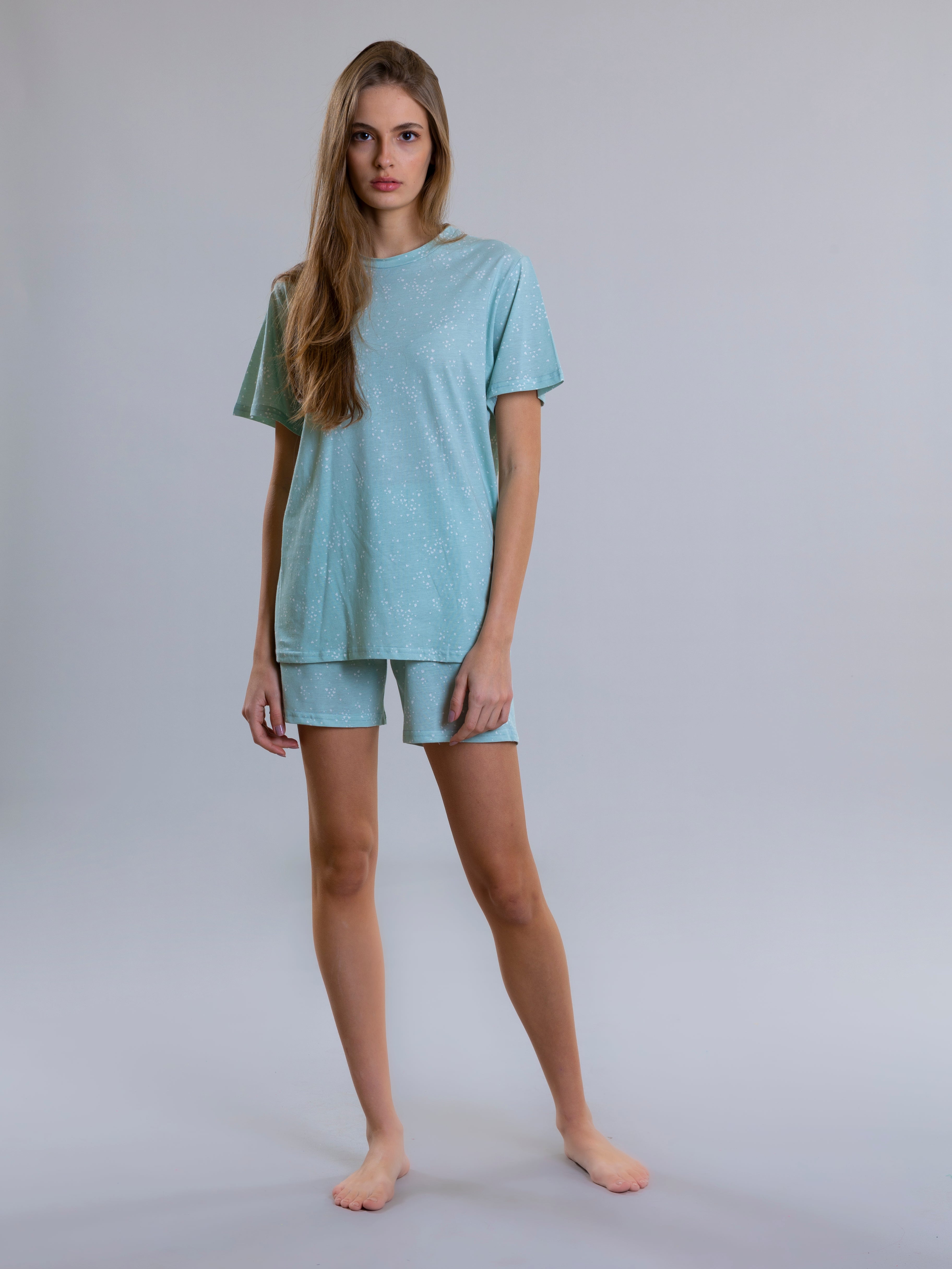 Mini Heart Design Pyjama Set For Women - Aqua