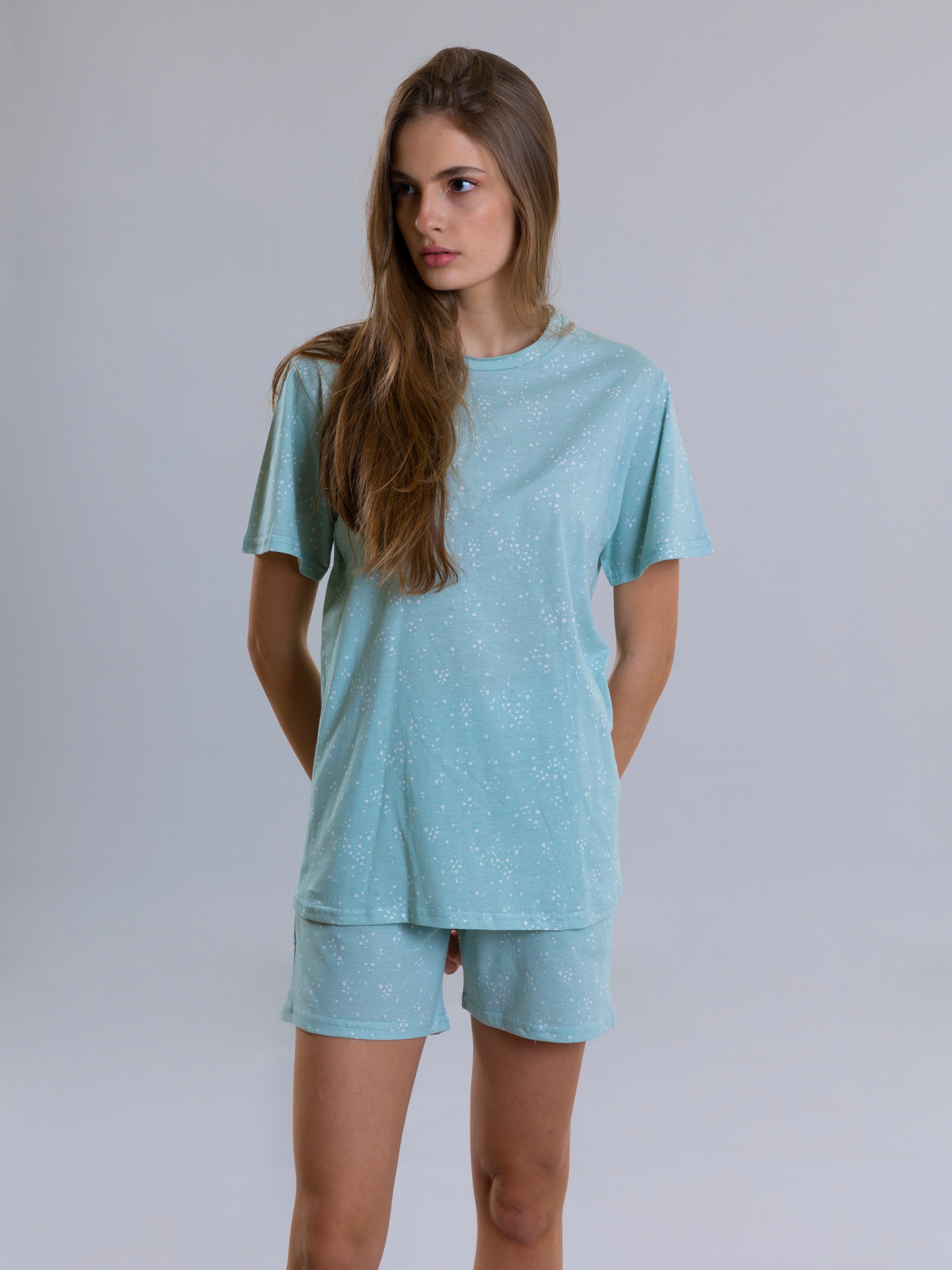 Mini Heart Design Pyjama Set For Women - Aqua