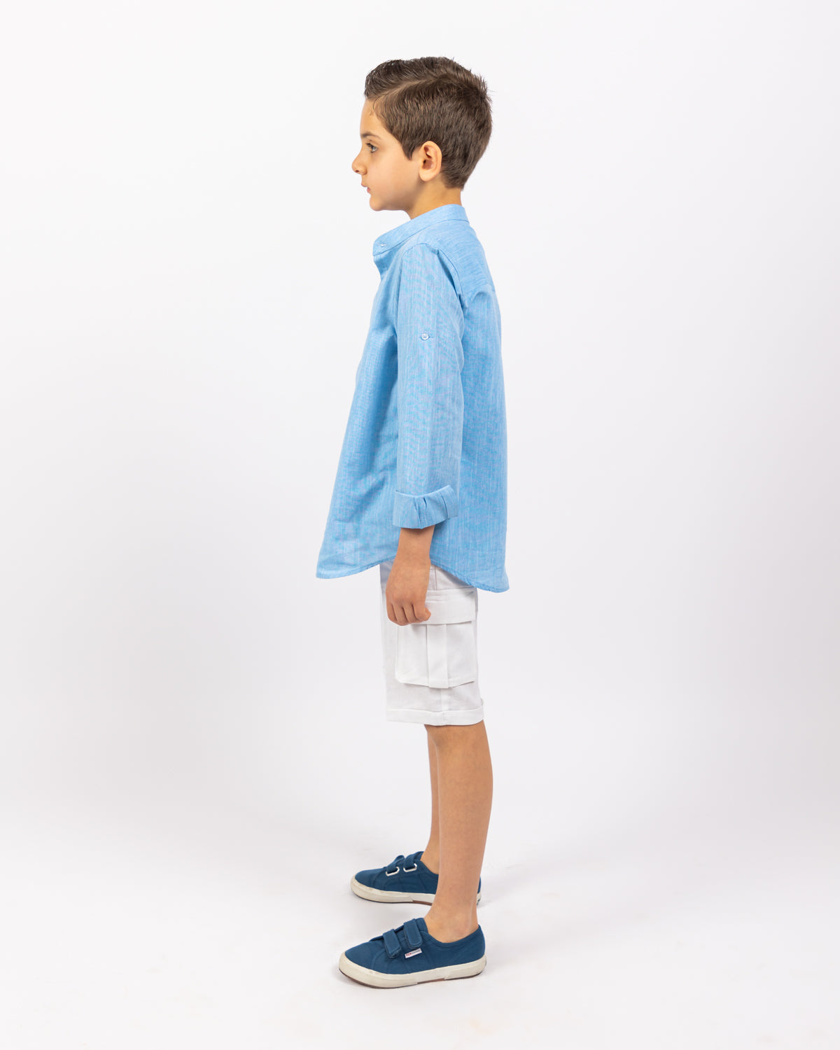 Col Mao Linen Shirt For Boys - Blue - Pear