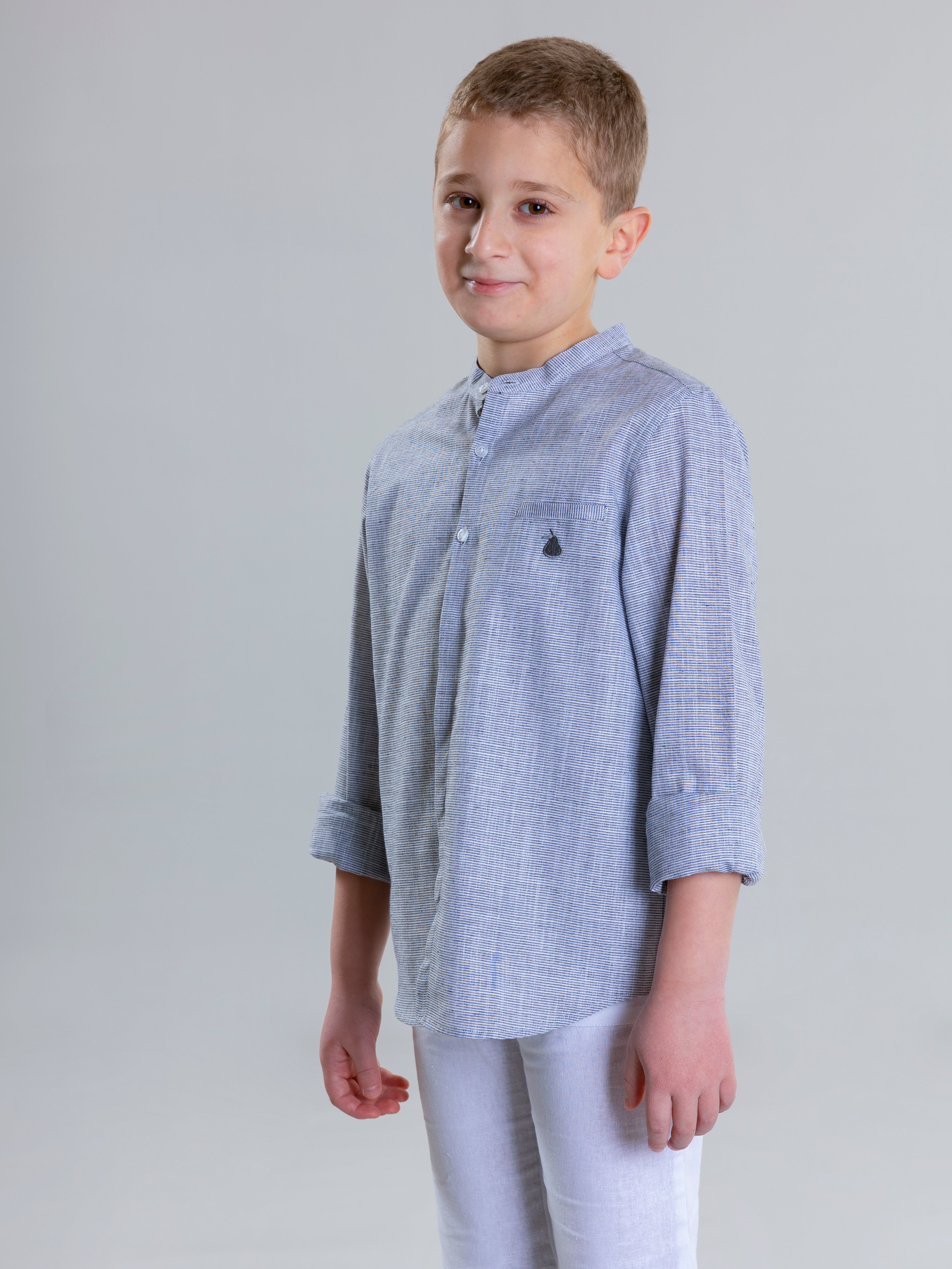 Col Mao Linen Shirt For Boys - Grey - Pear