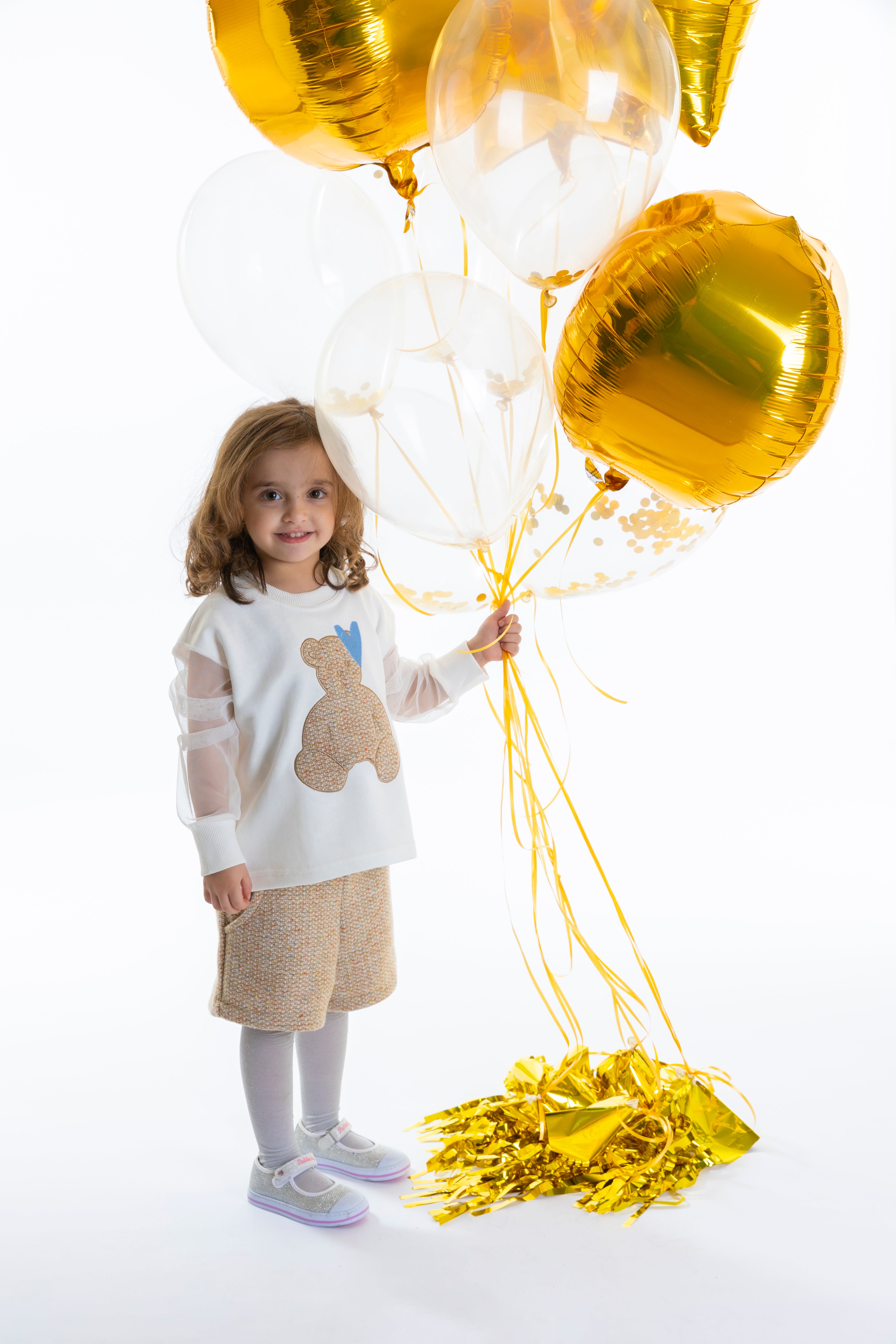 Teddy Bear Sweatshirt with Mousseline Sleeves For Girls - Off White - Pear