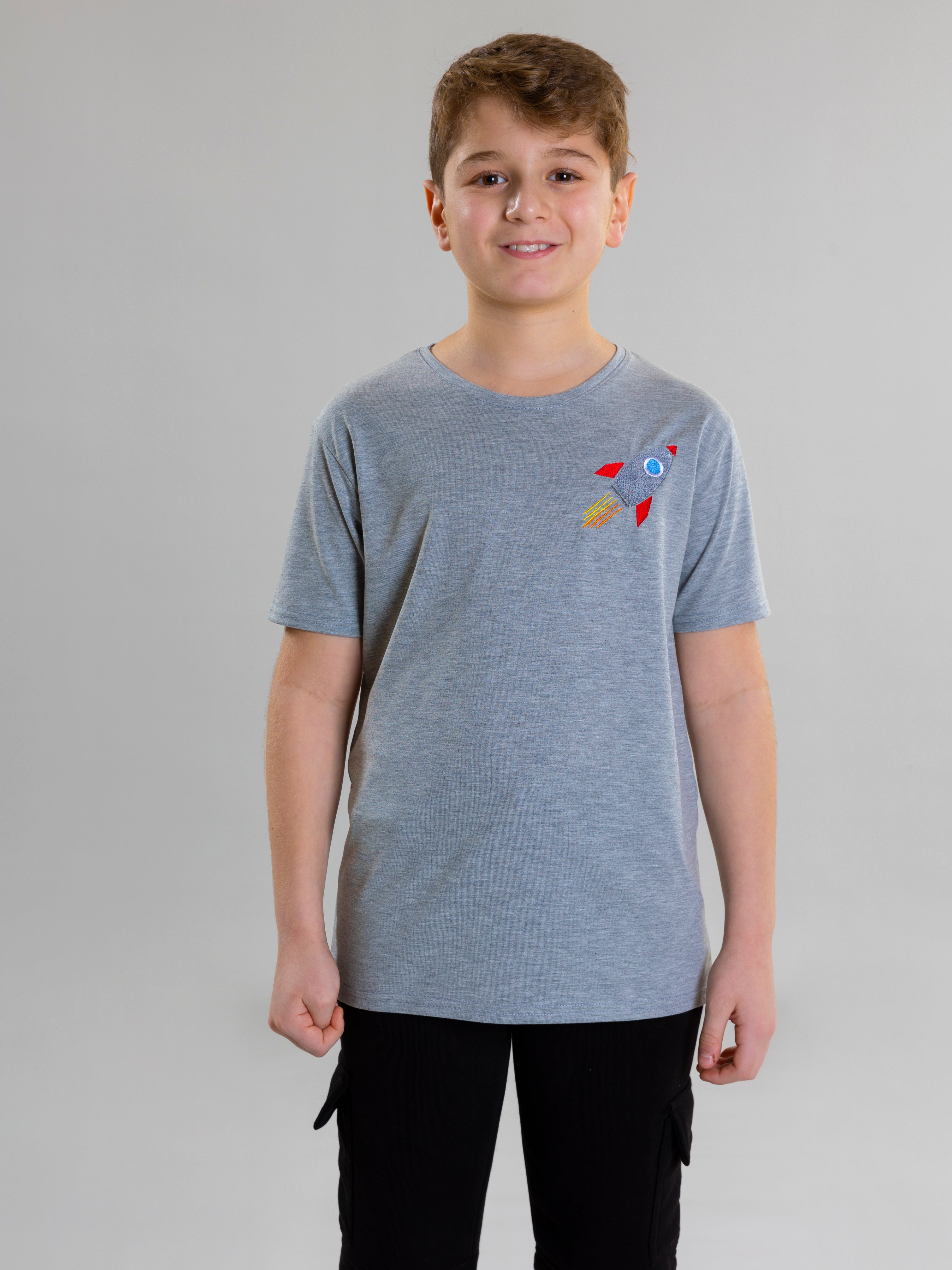 Rocket Embroidered For Boys Round Neck T-Shirt With Short Sleeves - Grey