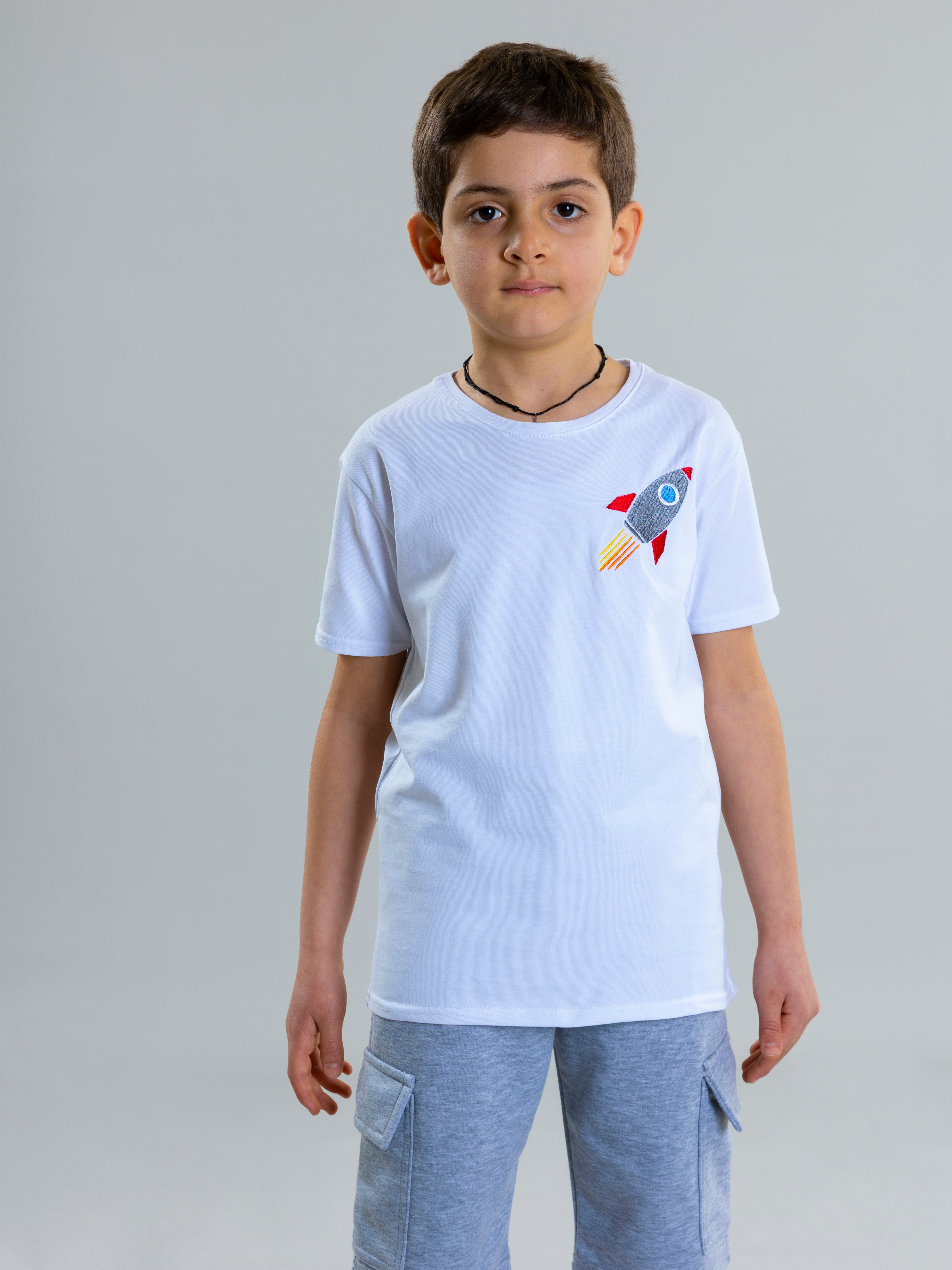 Rocket Embroidered For Boys Round Neck T-Shirt With Short Sleeves - White