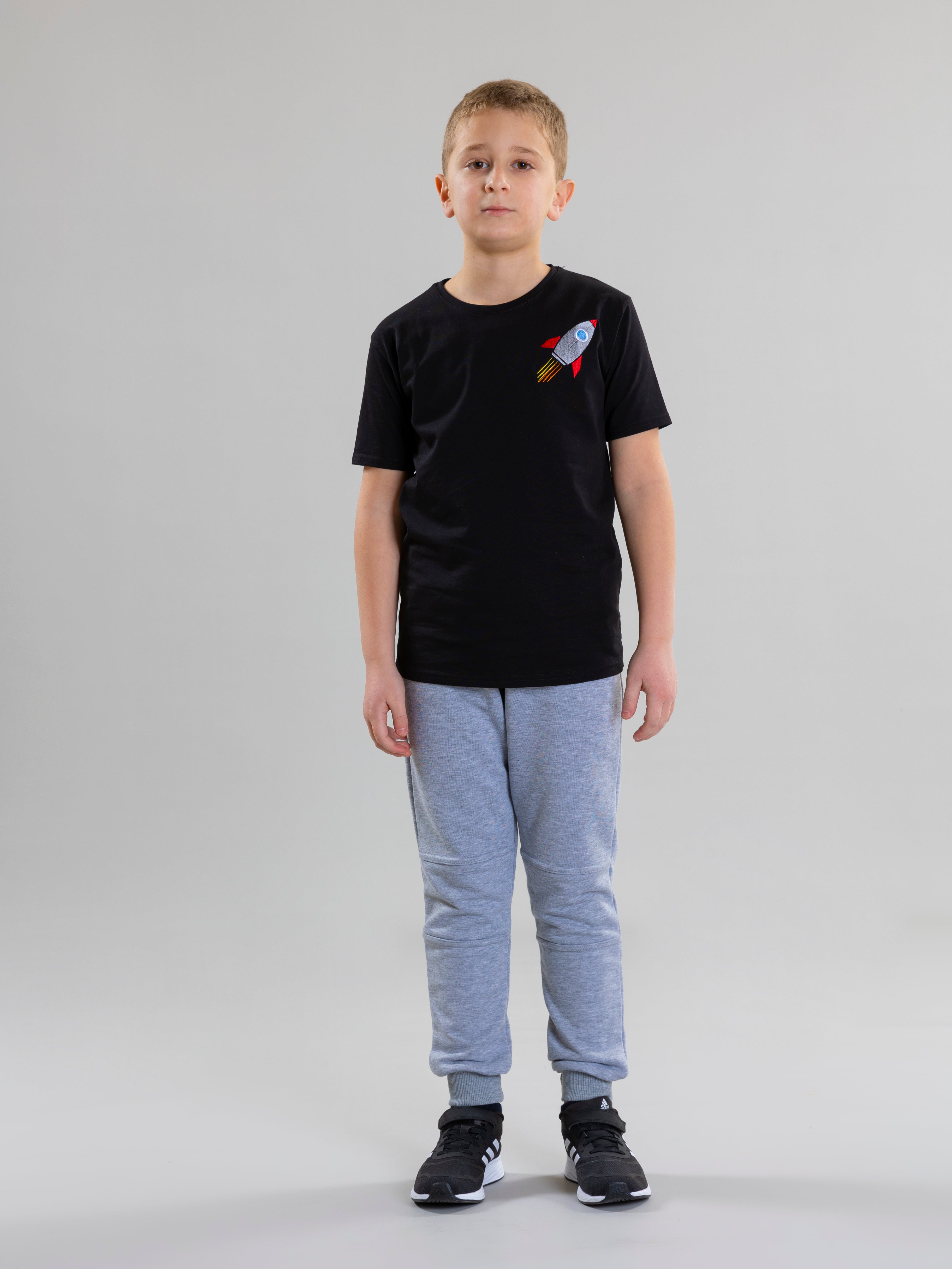 Rocket Embroidered For Boys Round Neck T-Shirt With Short Sleeves - Black