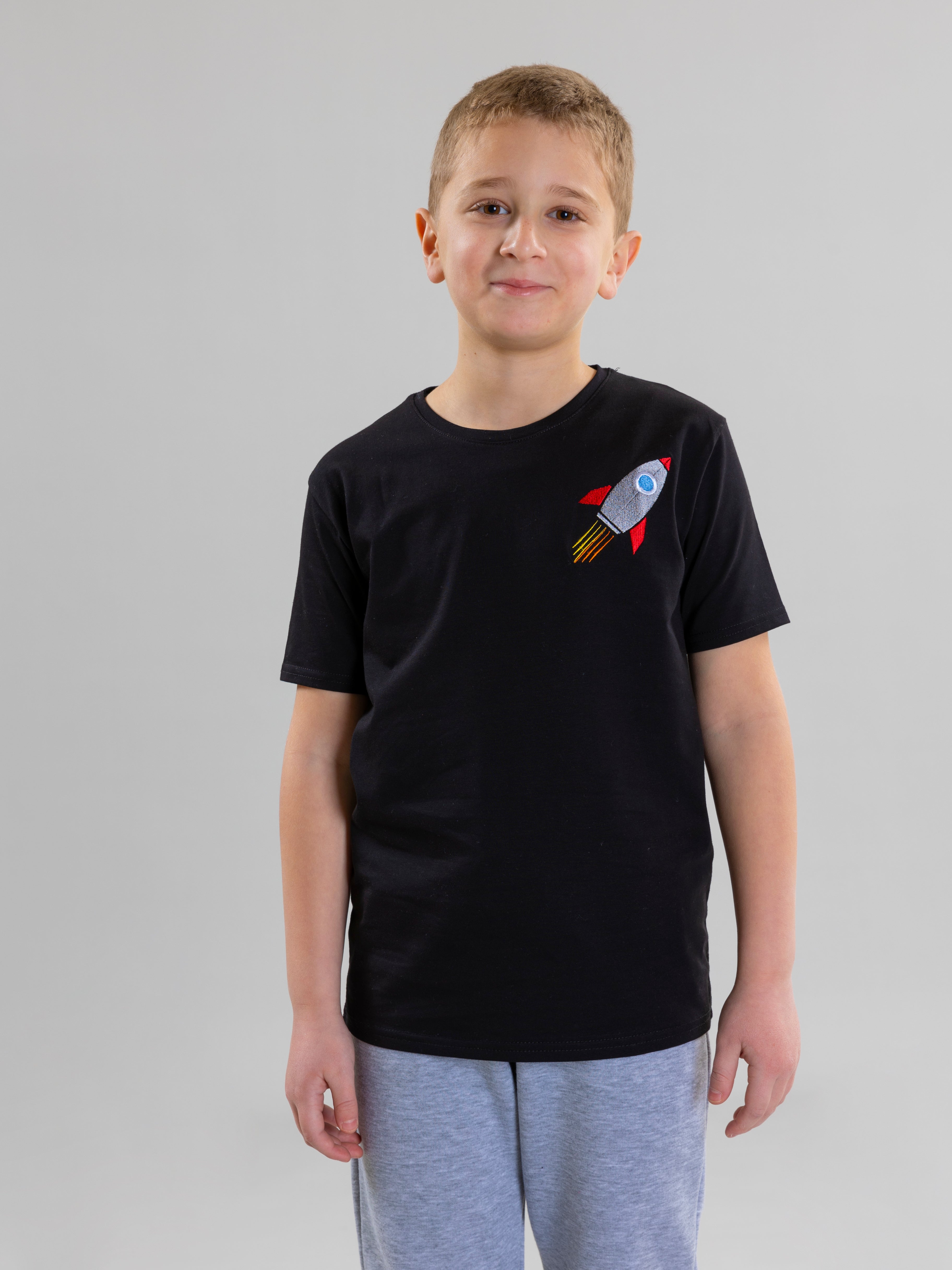 Rocket Embroidered For Boys Round Neck T-Shirt With Short Sleeves - Black