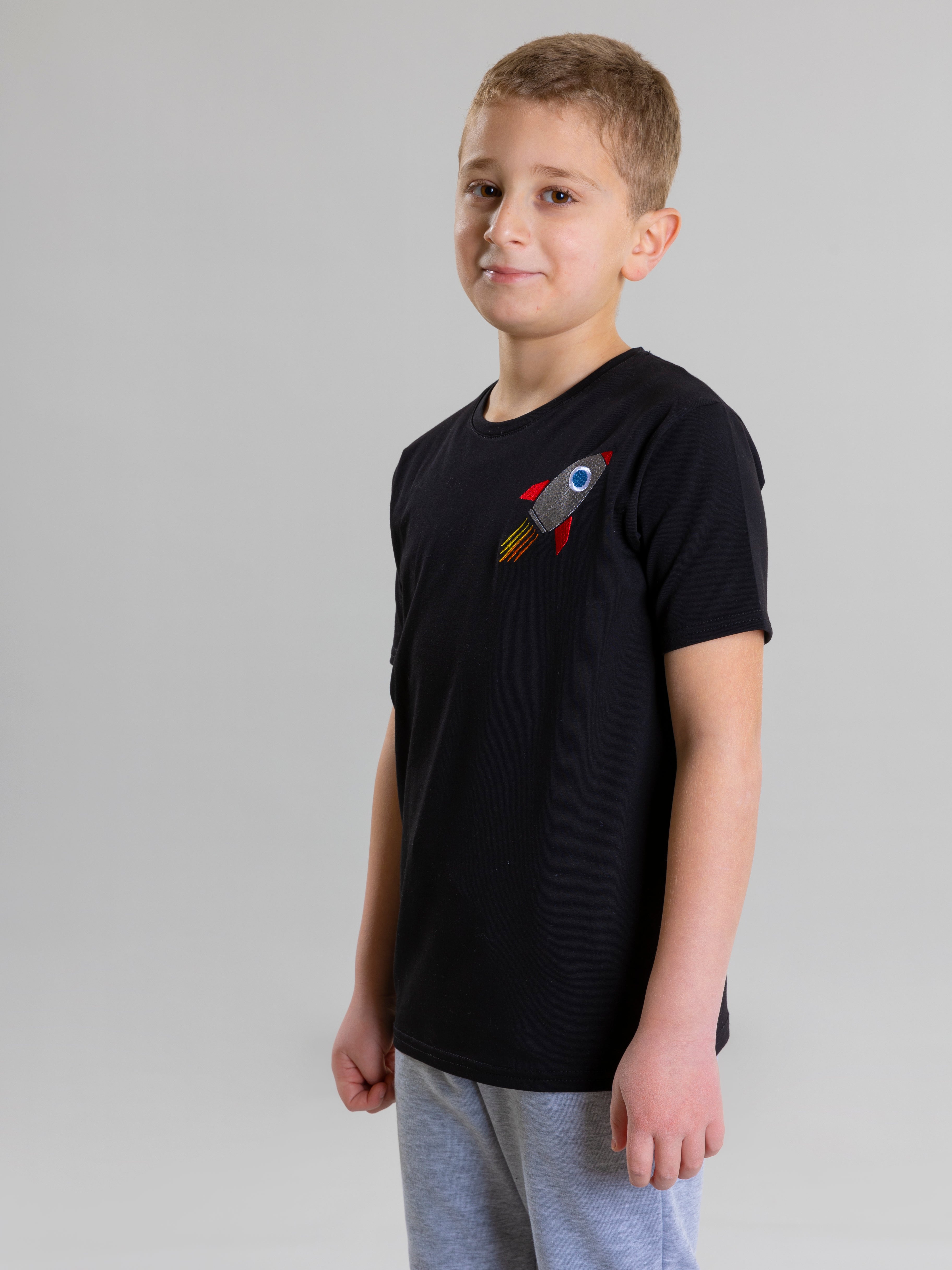 Rocket Embroidered For Boys Round Neck T-Shirt With Short Sleeves - Black