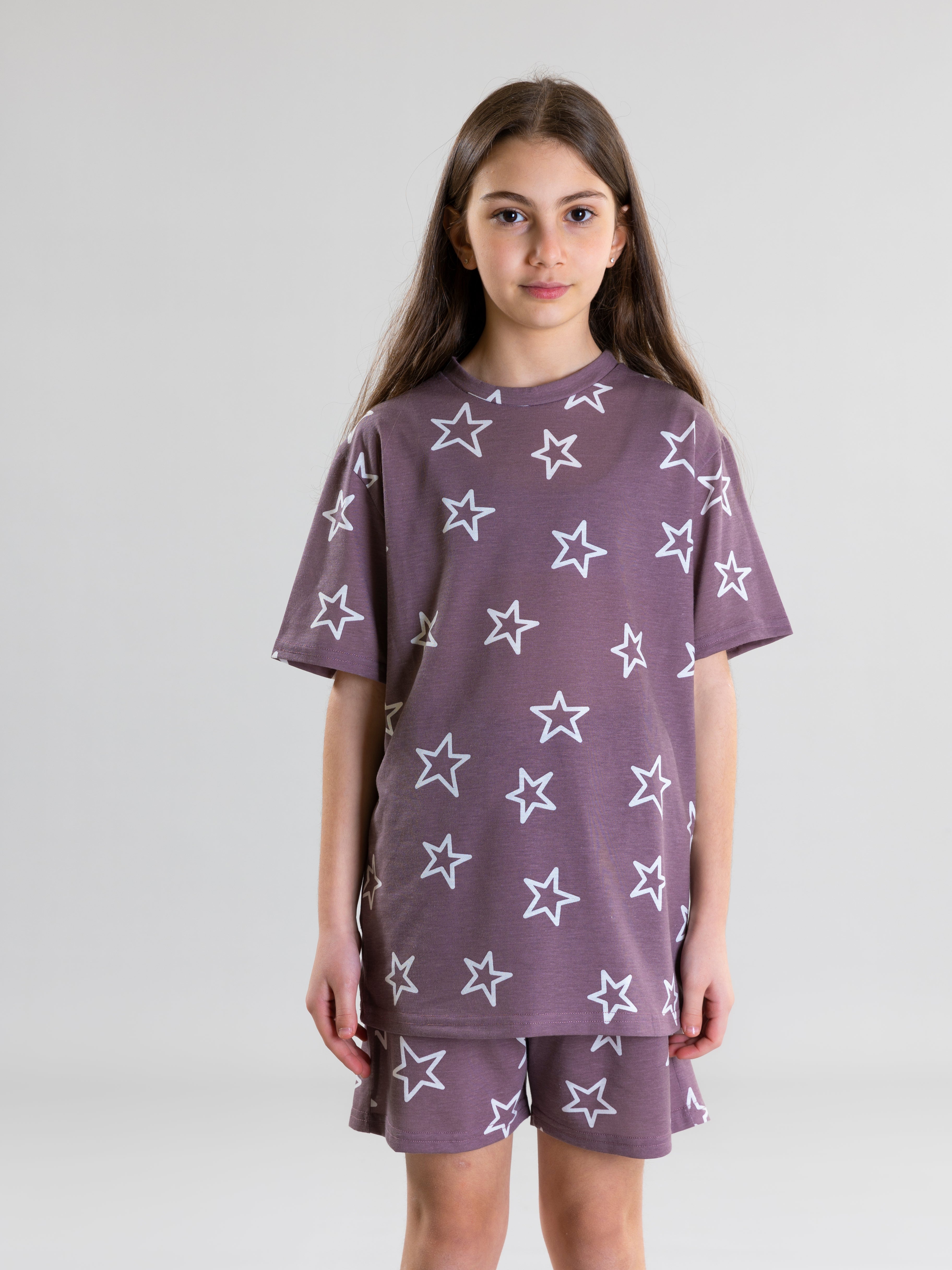 Star Design Pyjama Set For Girls - Rosewood