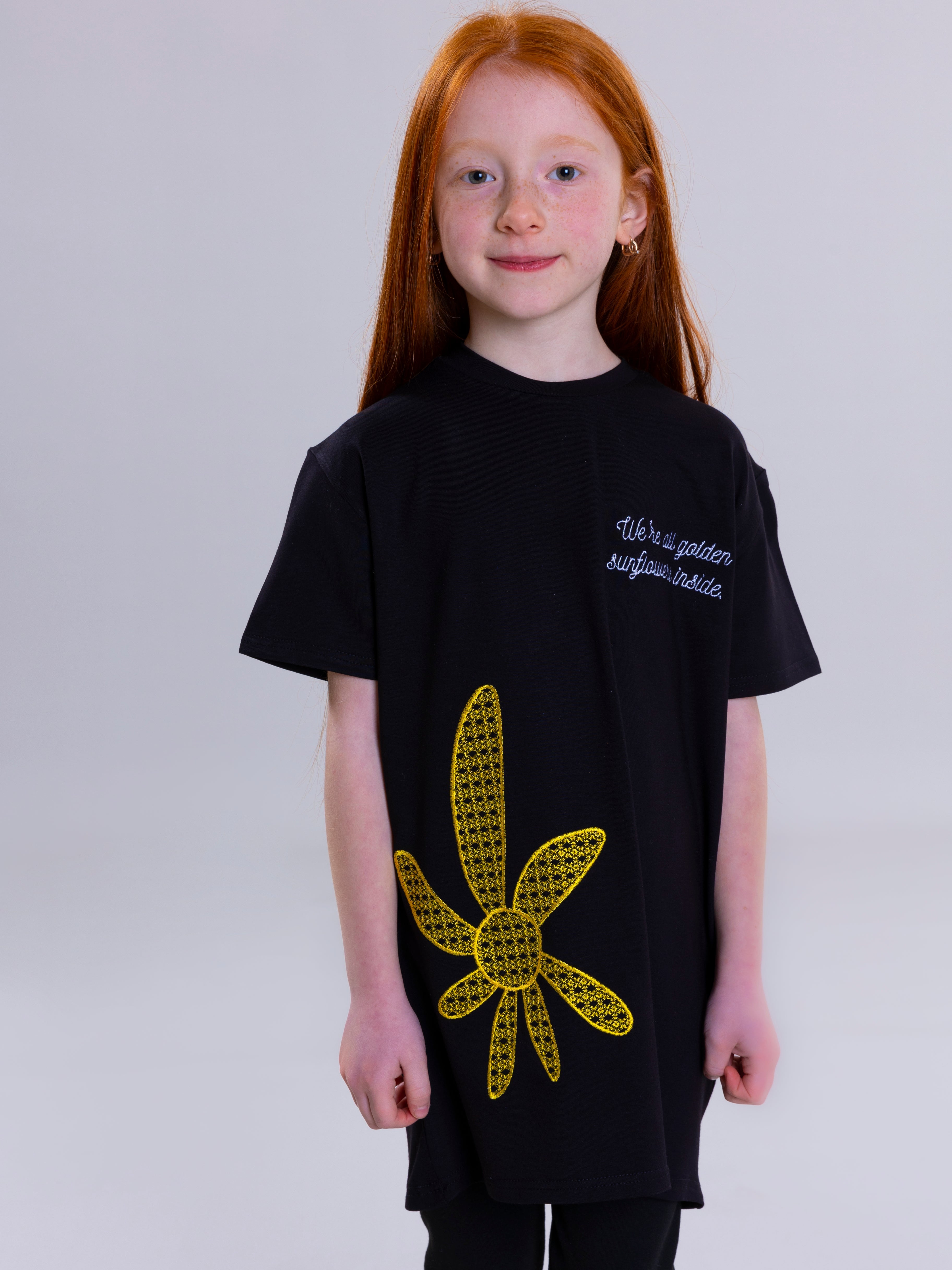 Sunflower Embroidred For Girls T-Shirt - Black