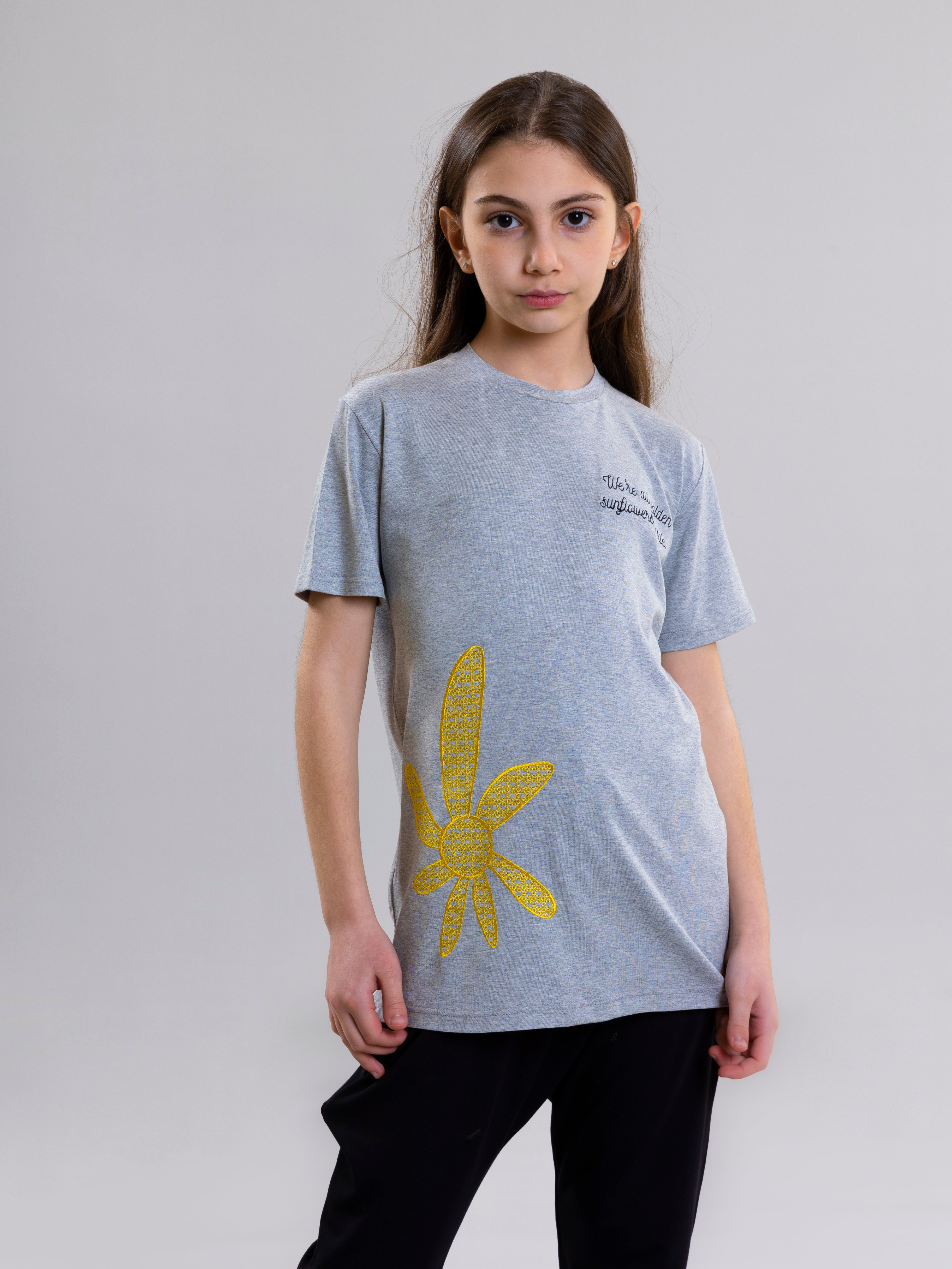 Sunflower Embroidred For Girls T-Shirt - Grey