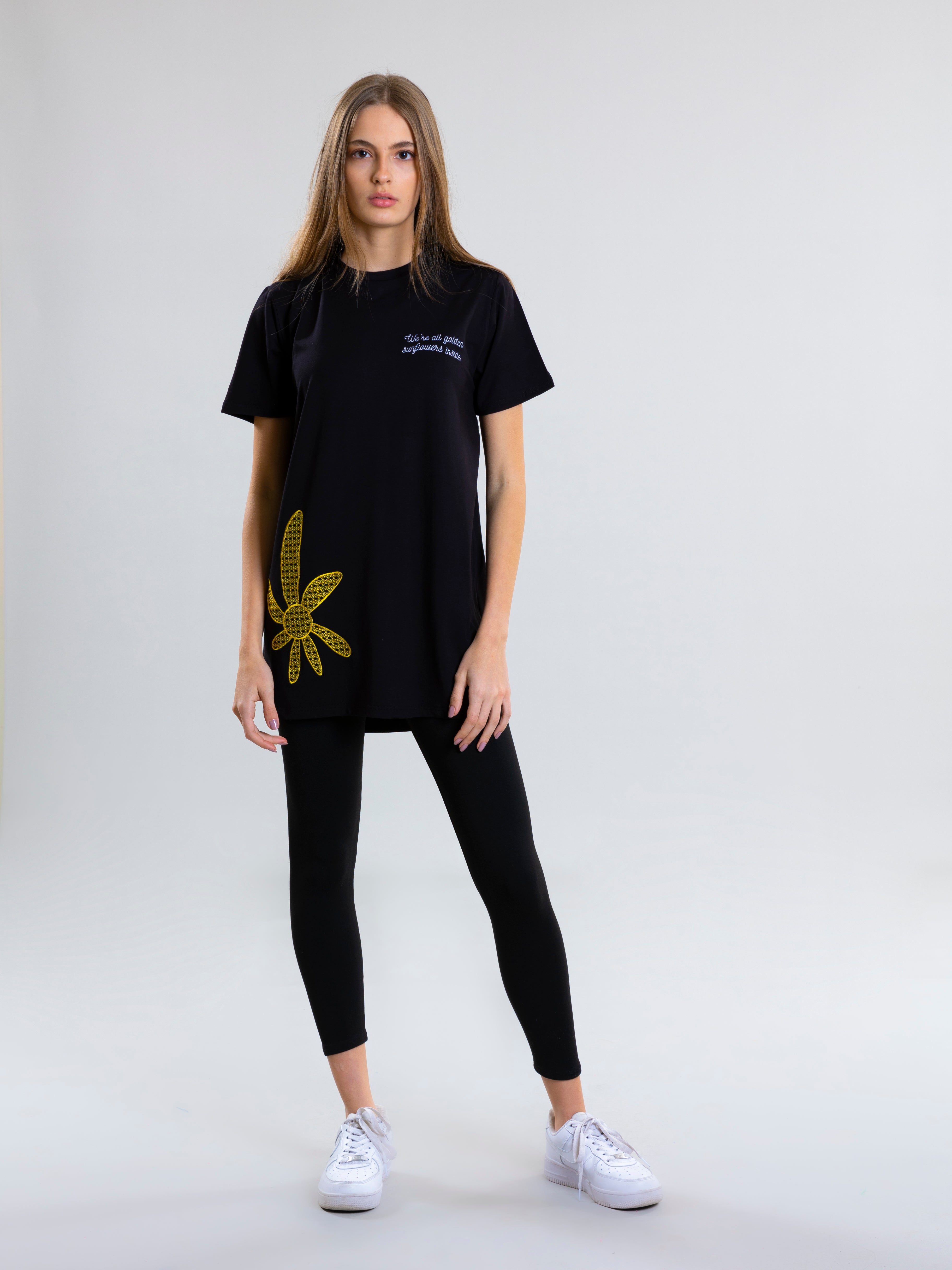 Sunflower Embroidred T-Shirt For Women - Black