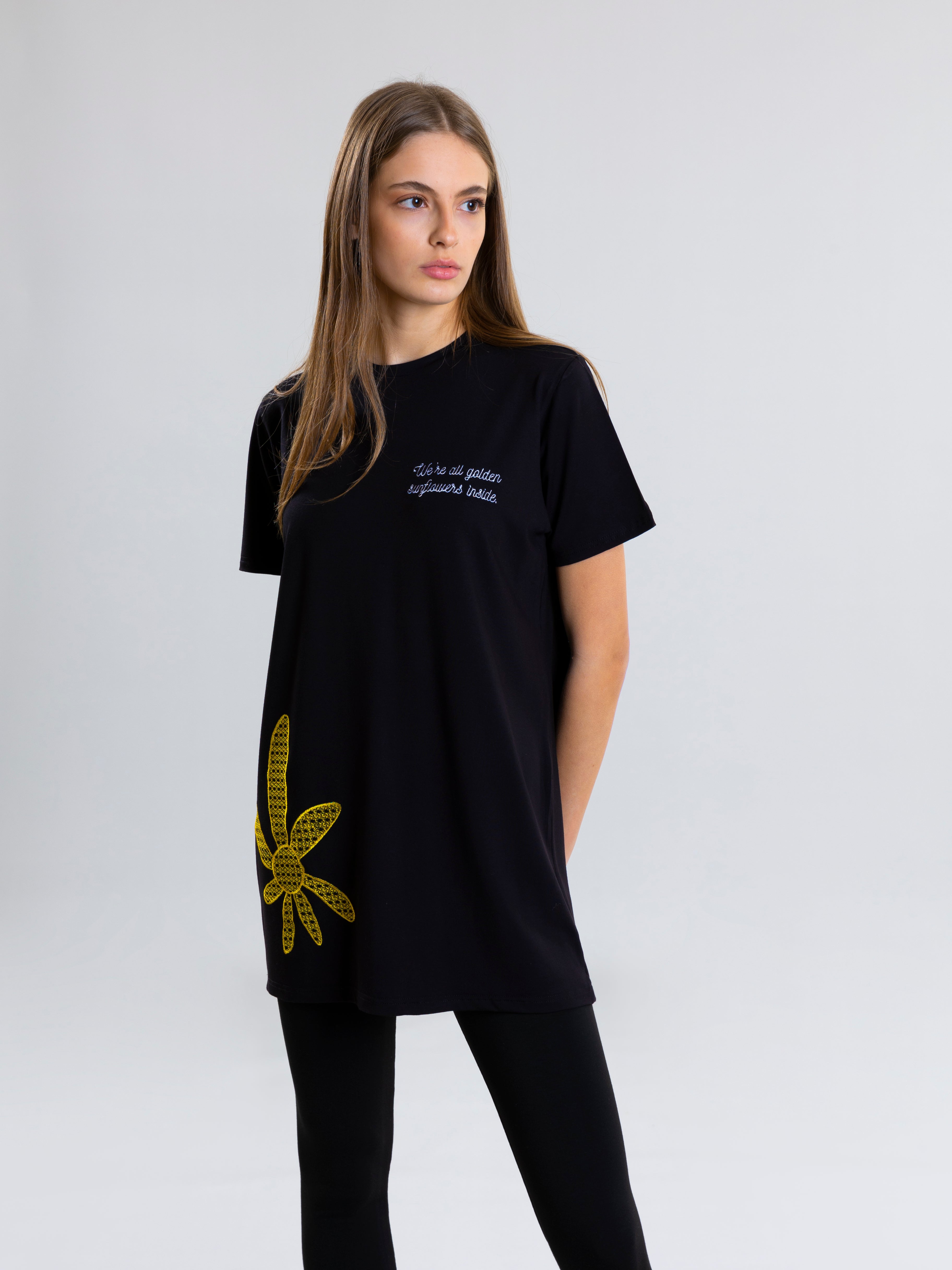 Sunflower Embroidred T-Shirt For Women - Black