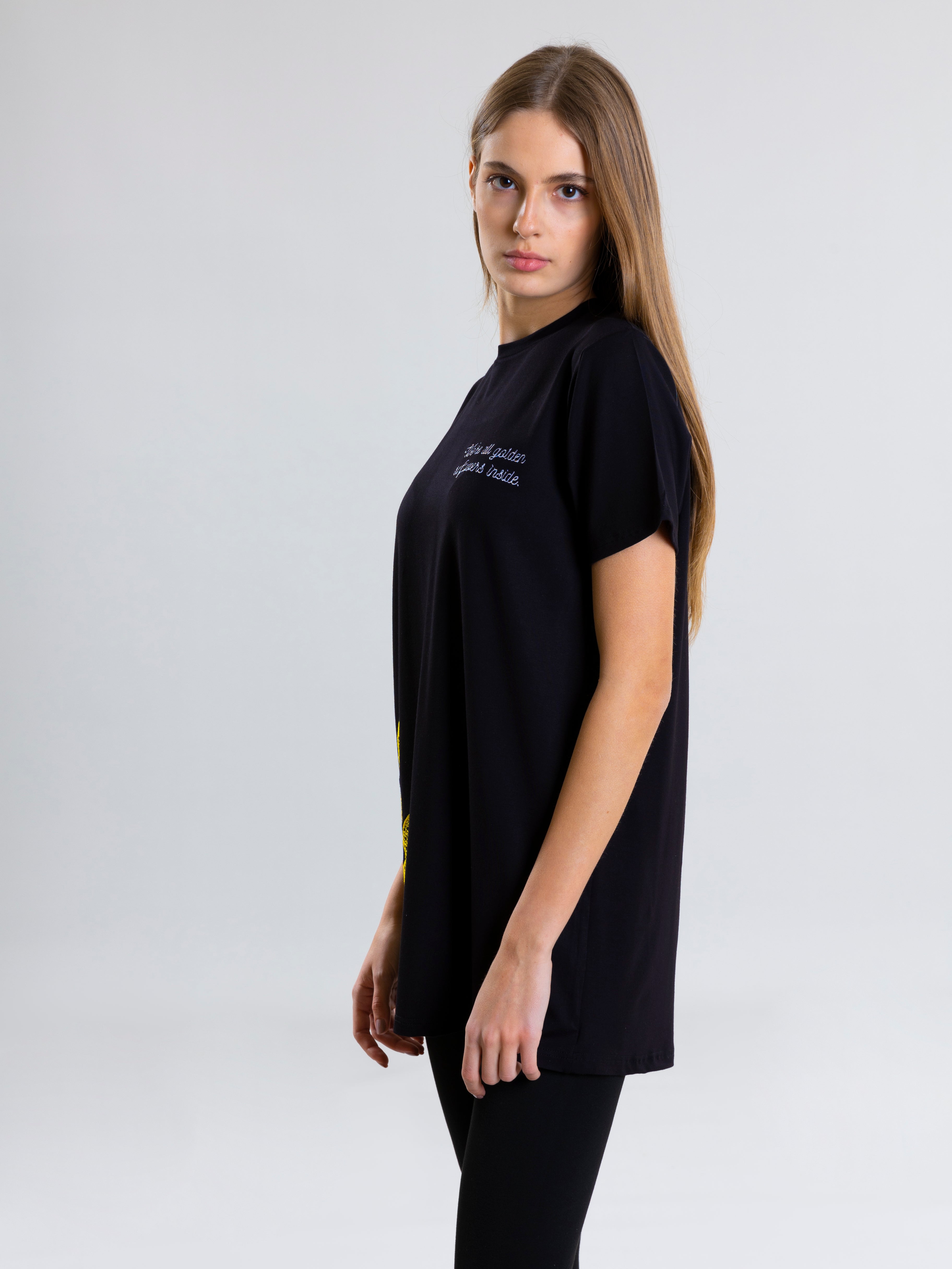 Sunflower Embroidred T-Shirt For Women - Black