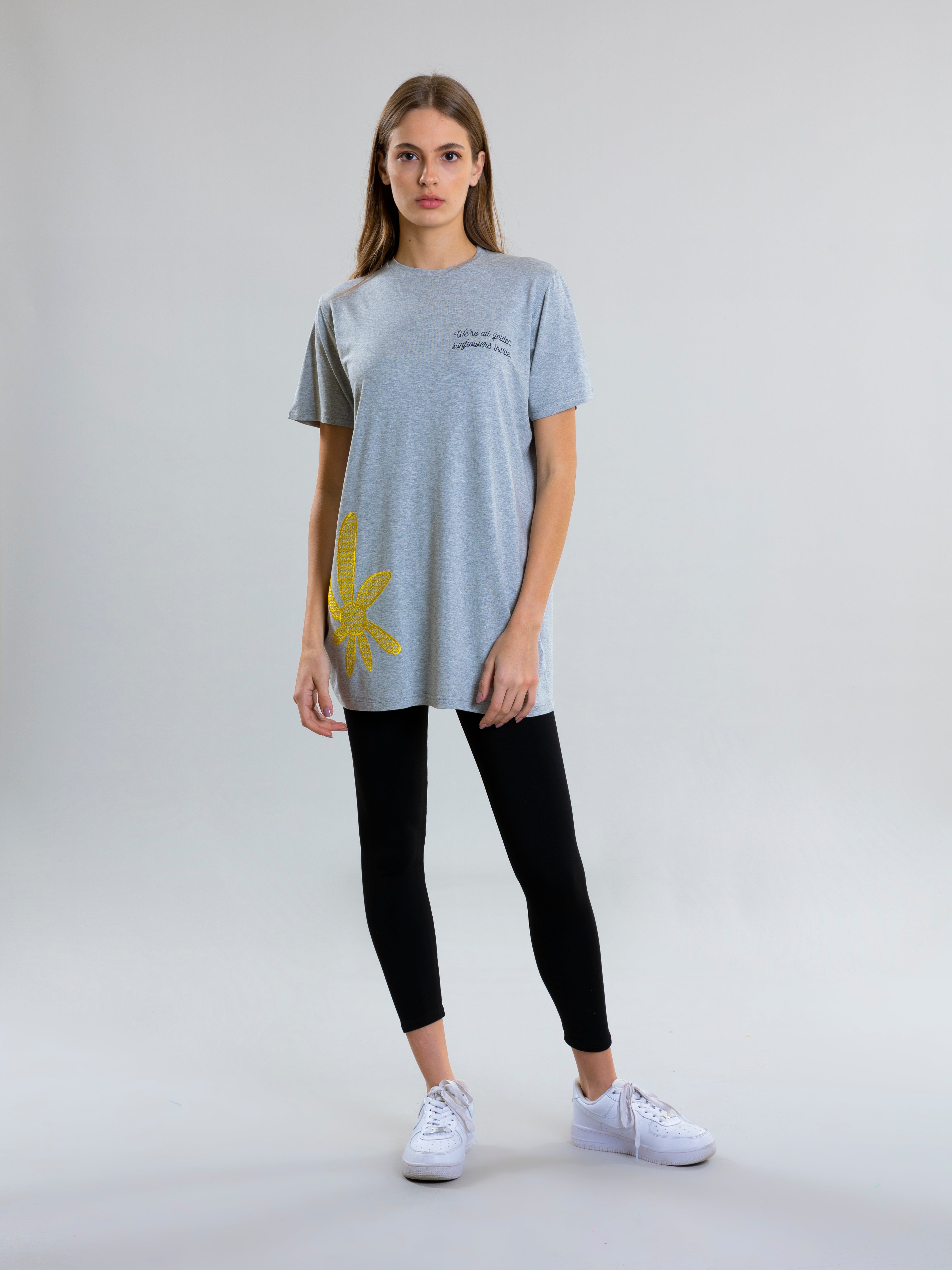 Sunflower Embroidred T-Shirt For Women - Grey