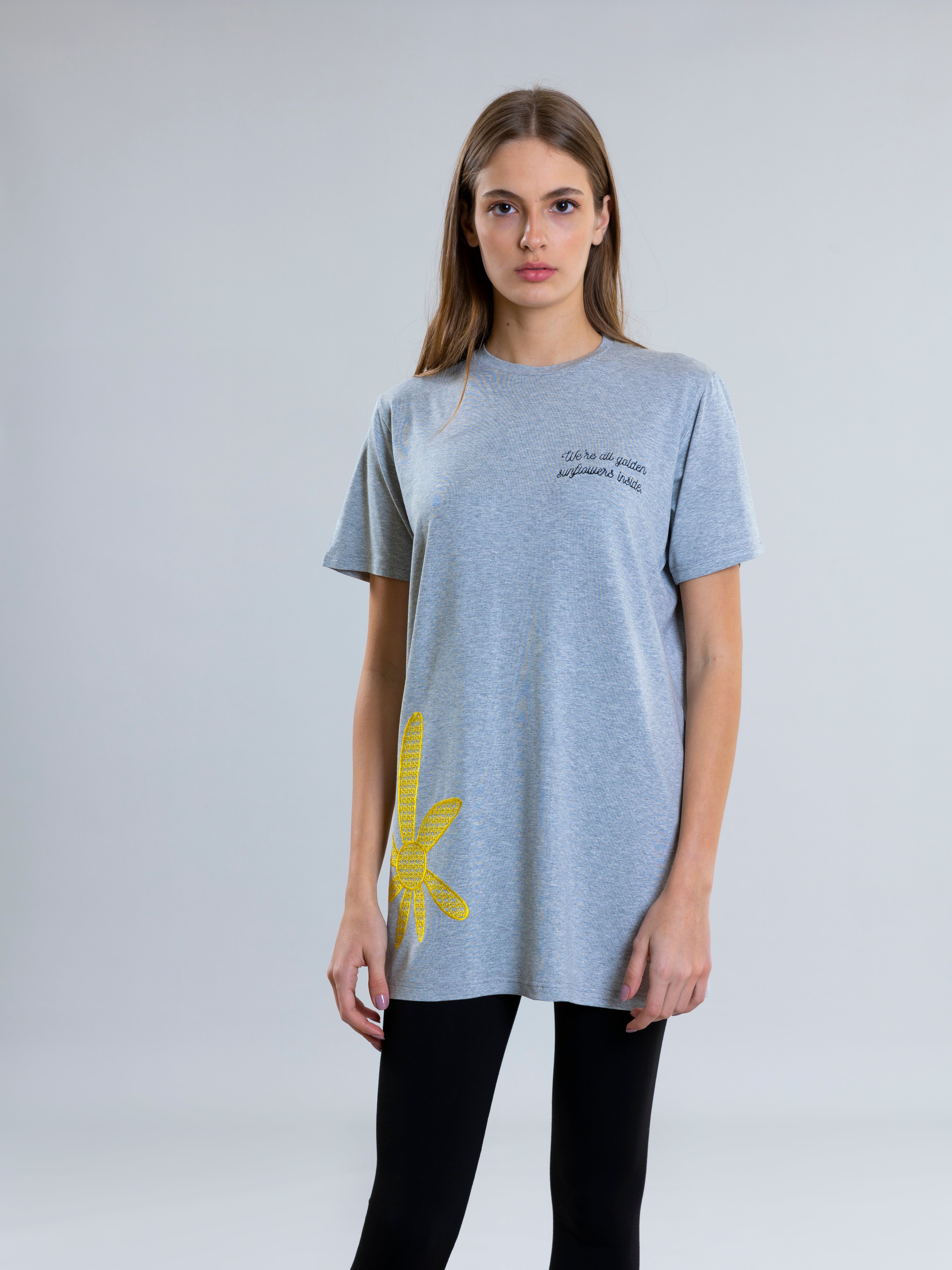 Sunflower Embroidred T-Shirt For Women - Grey