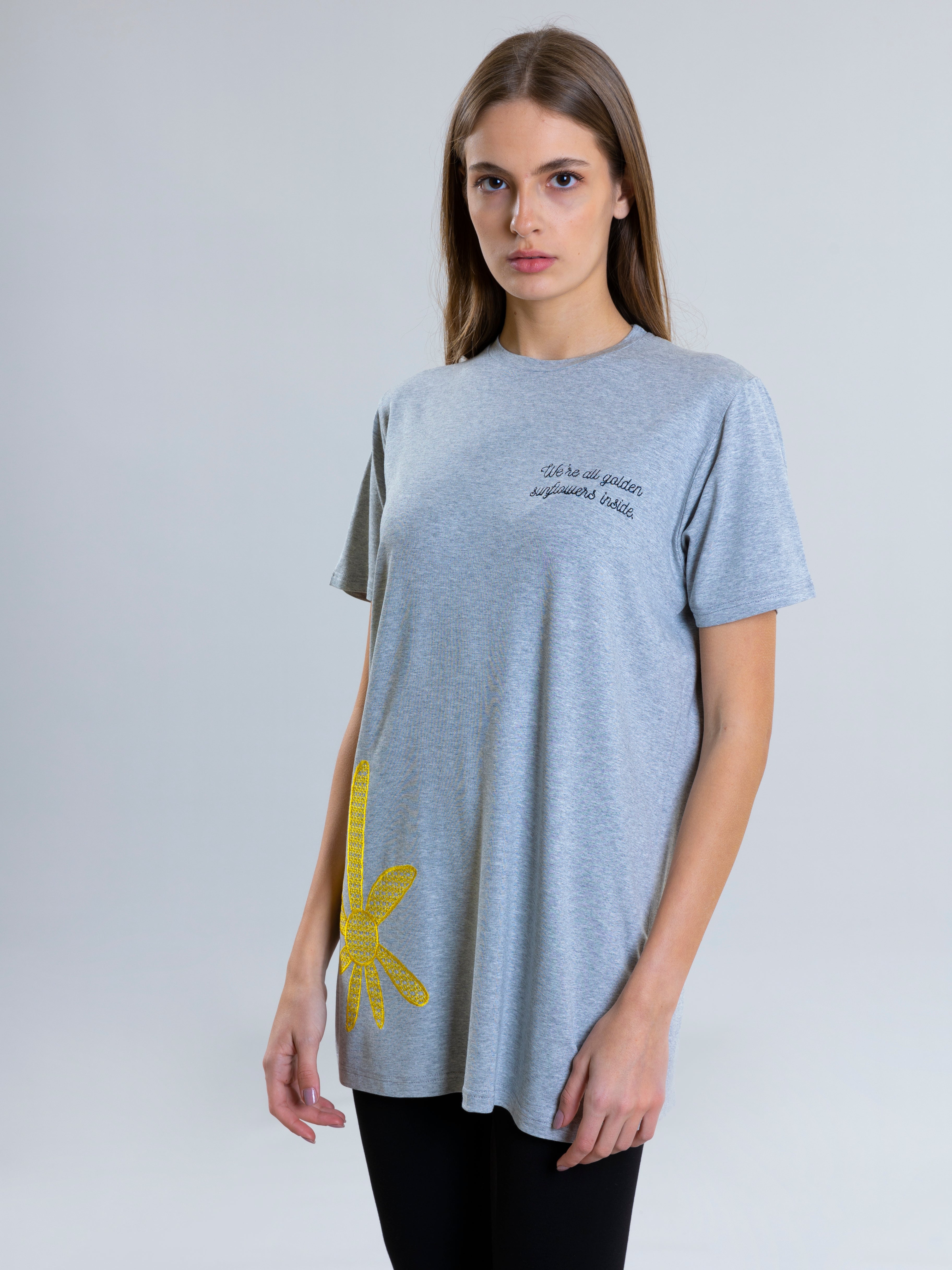 Sunflower Embroidred T-Shirt For Women - Grey