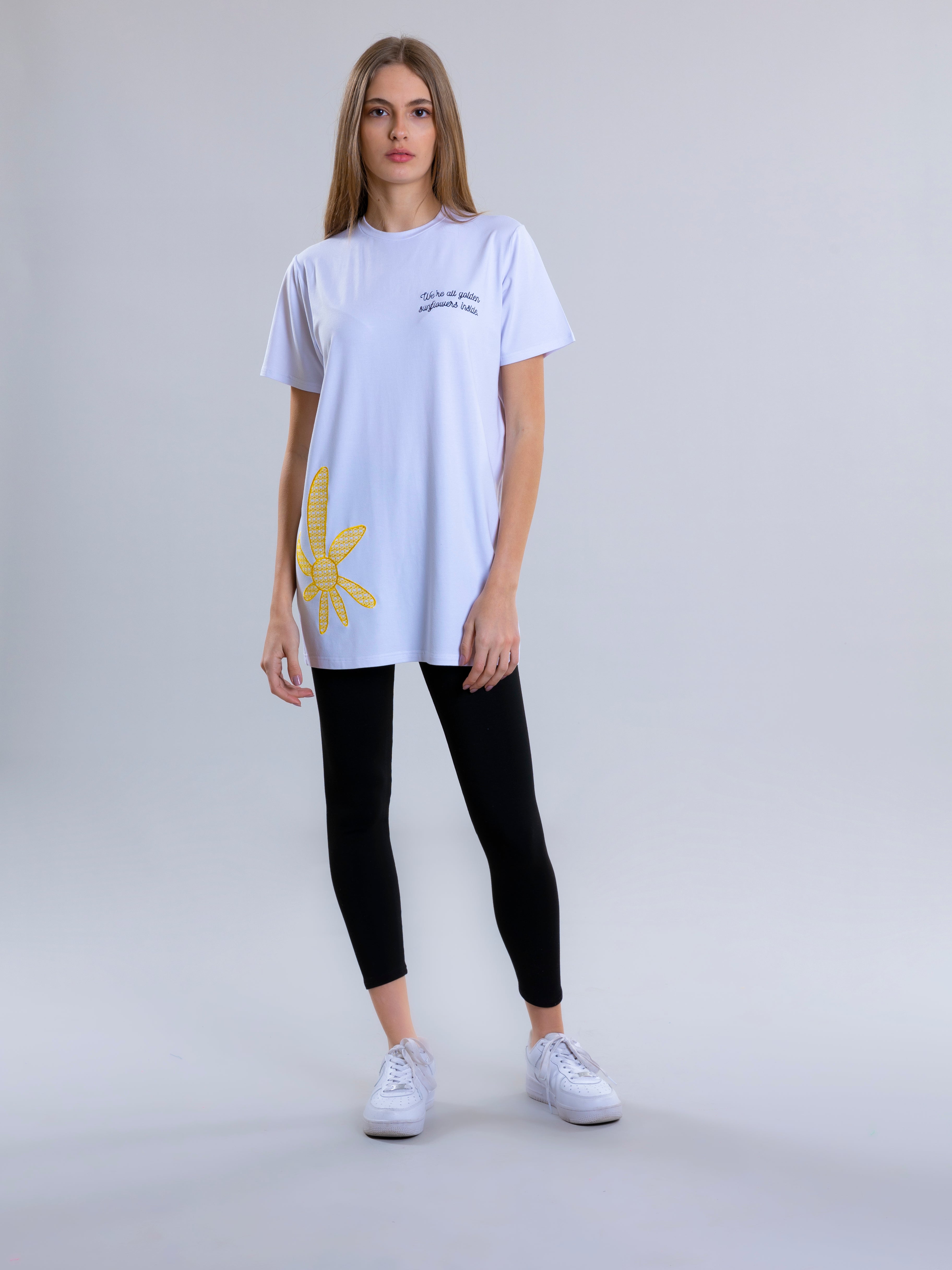 Sunflower Embroidred T-Shirt For Women - White