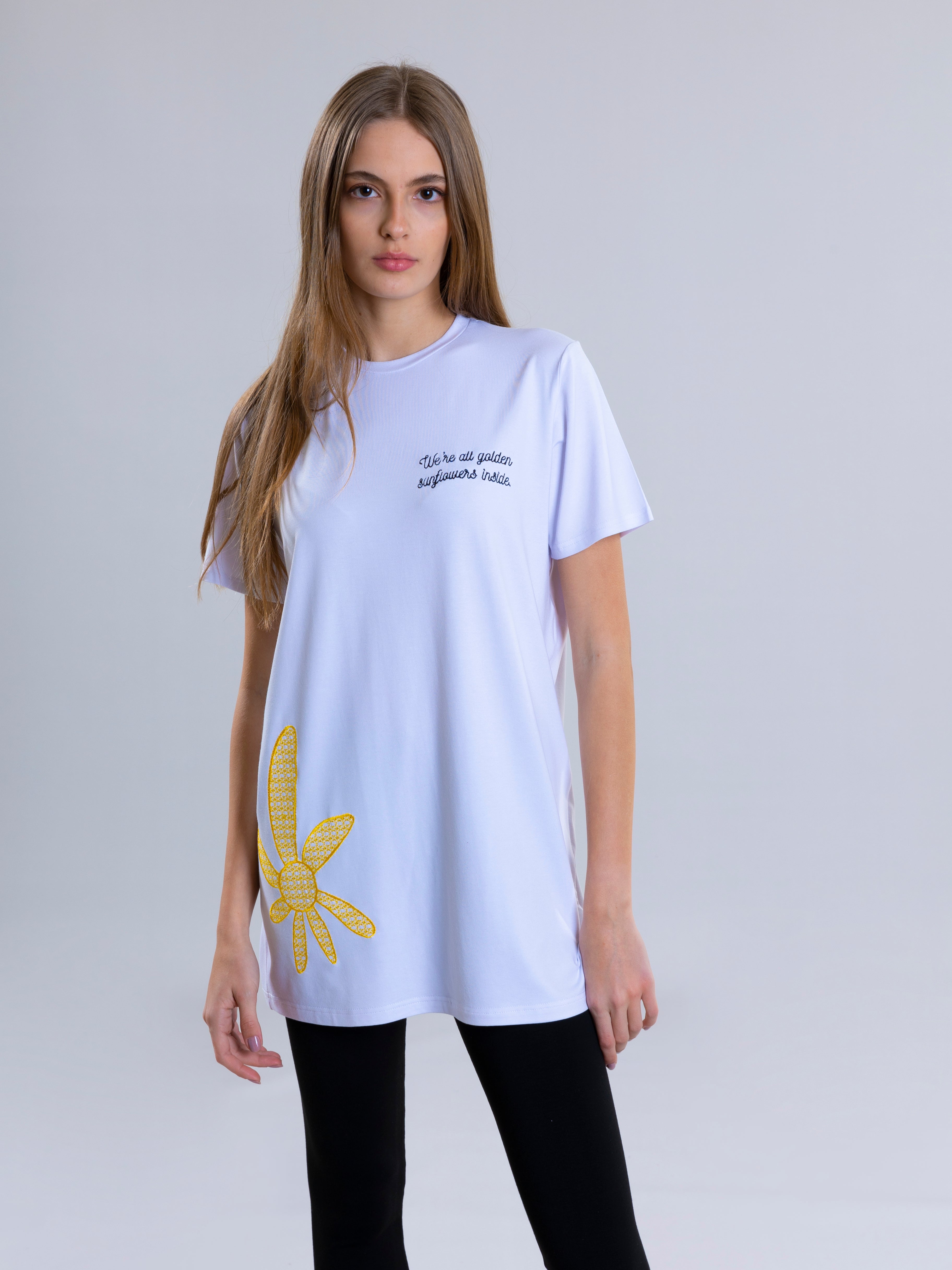 Sunflower Embroidred T-Shirt For Women - White