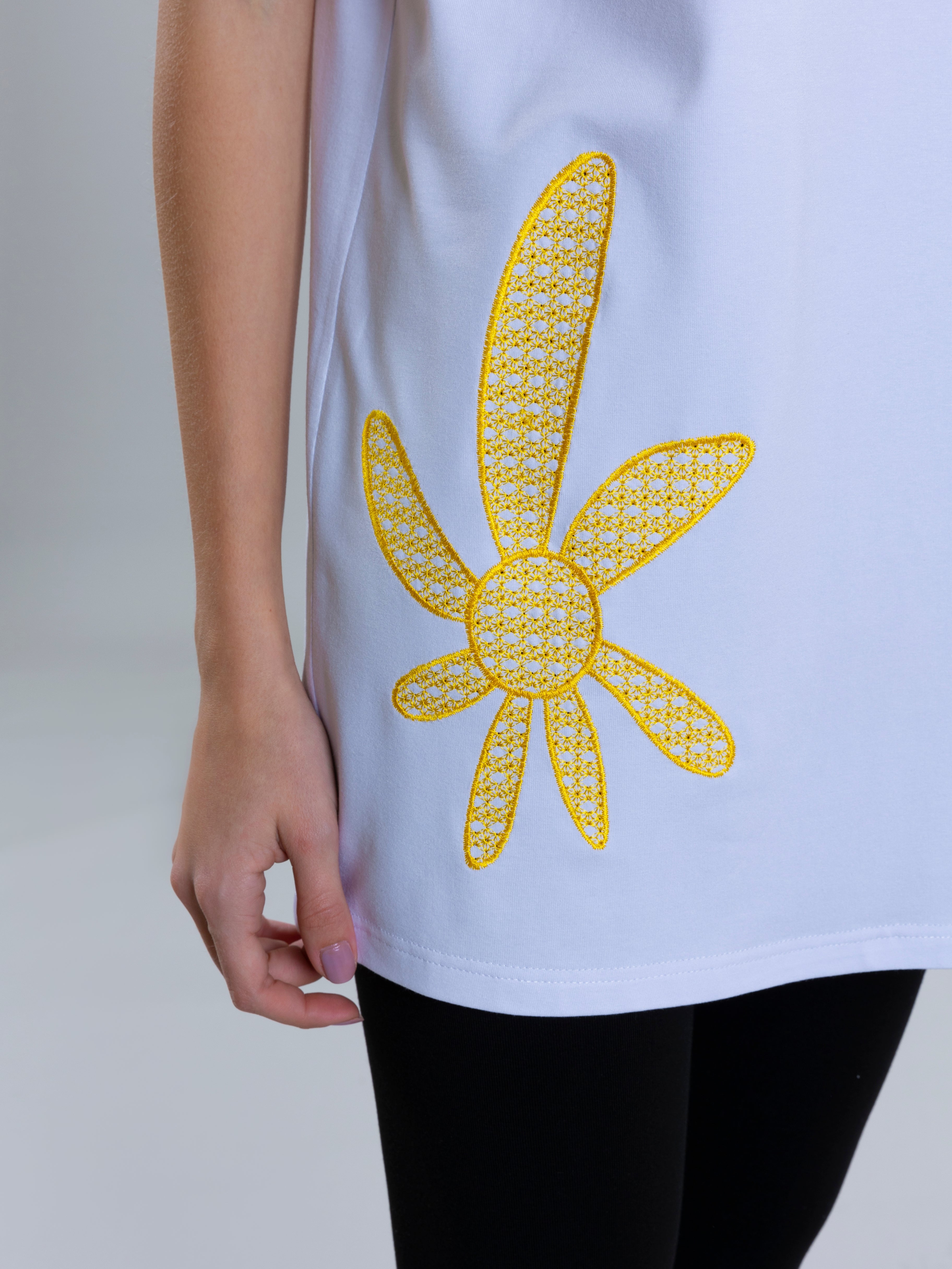 Sunflower Embroidred T-Shirt For Women - White