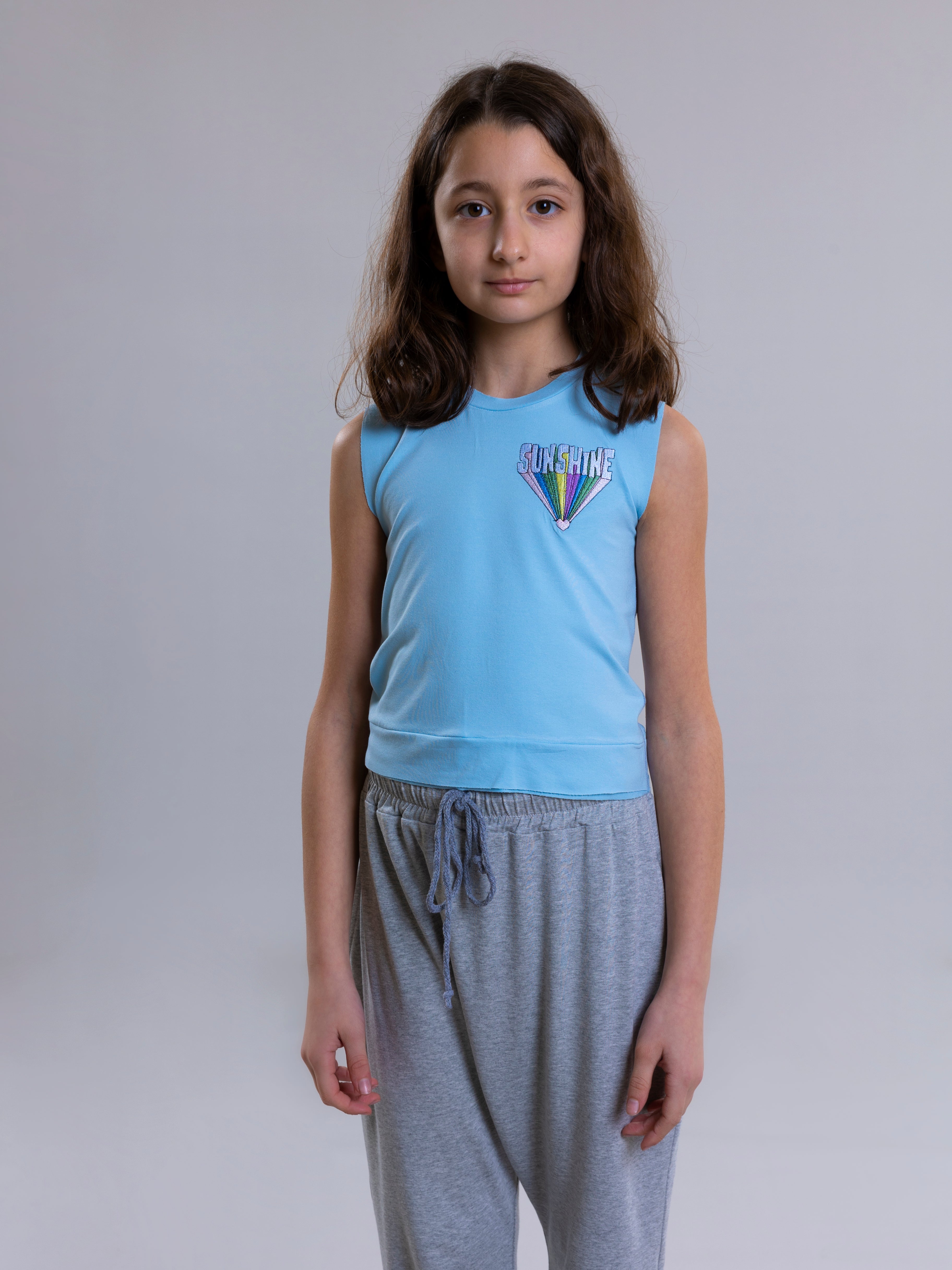 Sunshine Embroidered Tank Top For Girls - Light Blue