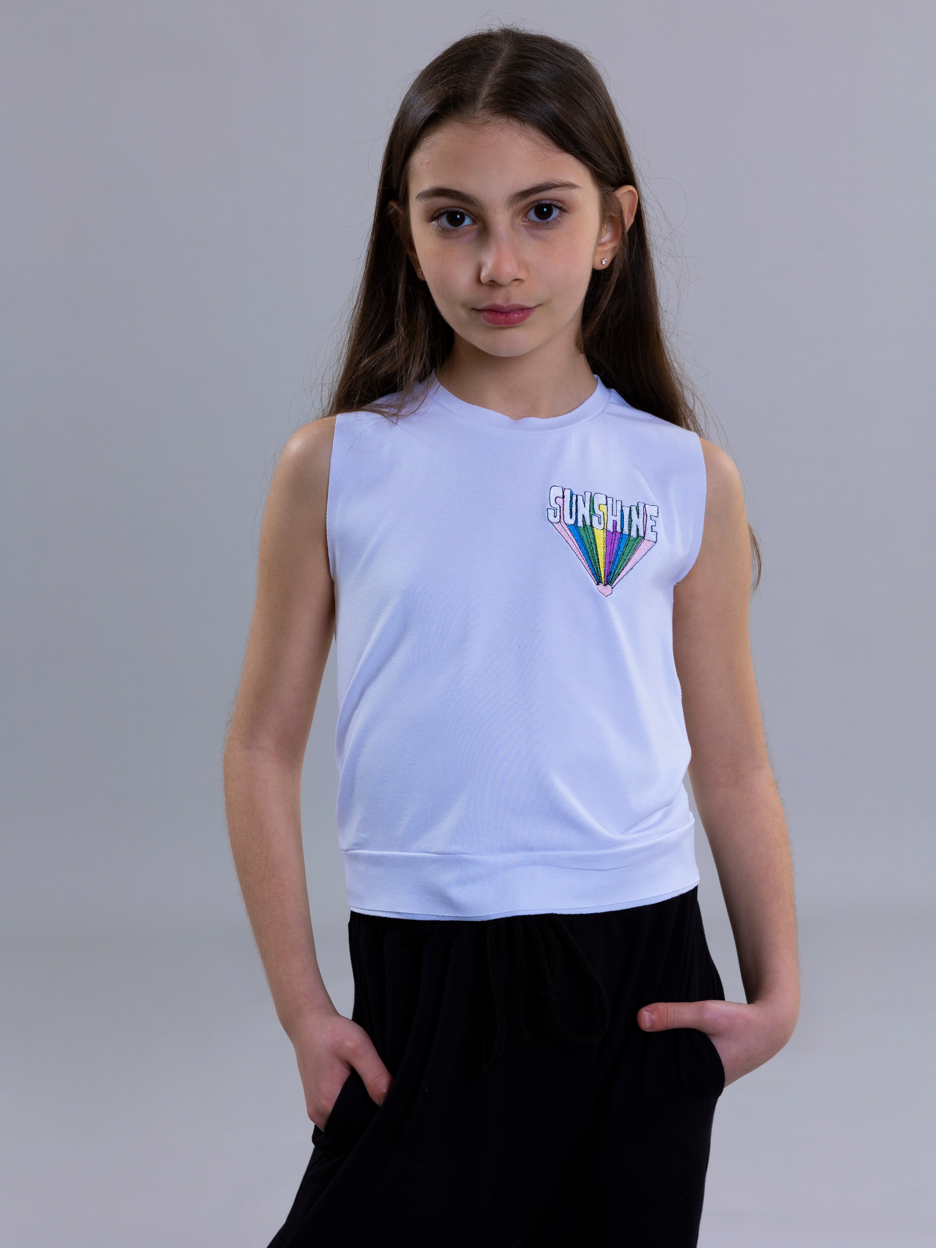 Sunshine Embroidered Tank Top For Girls - White