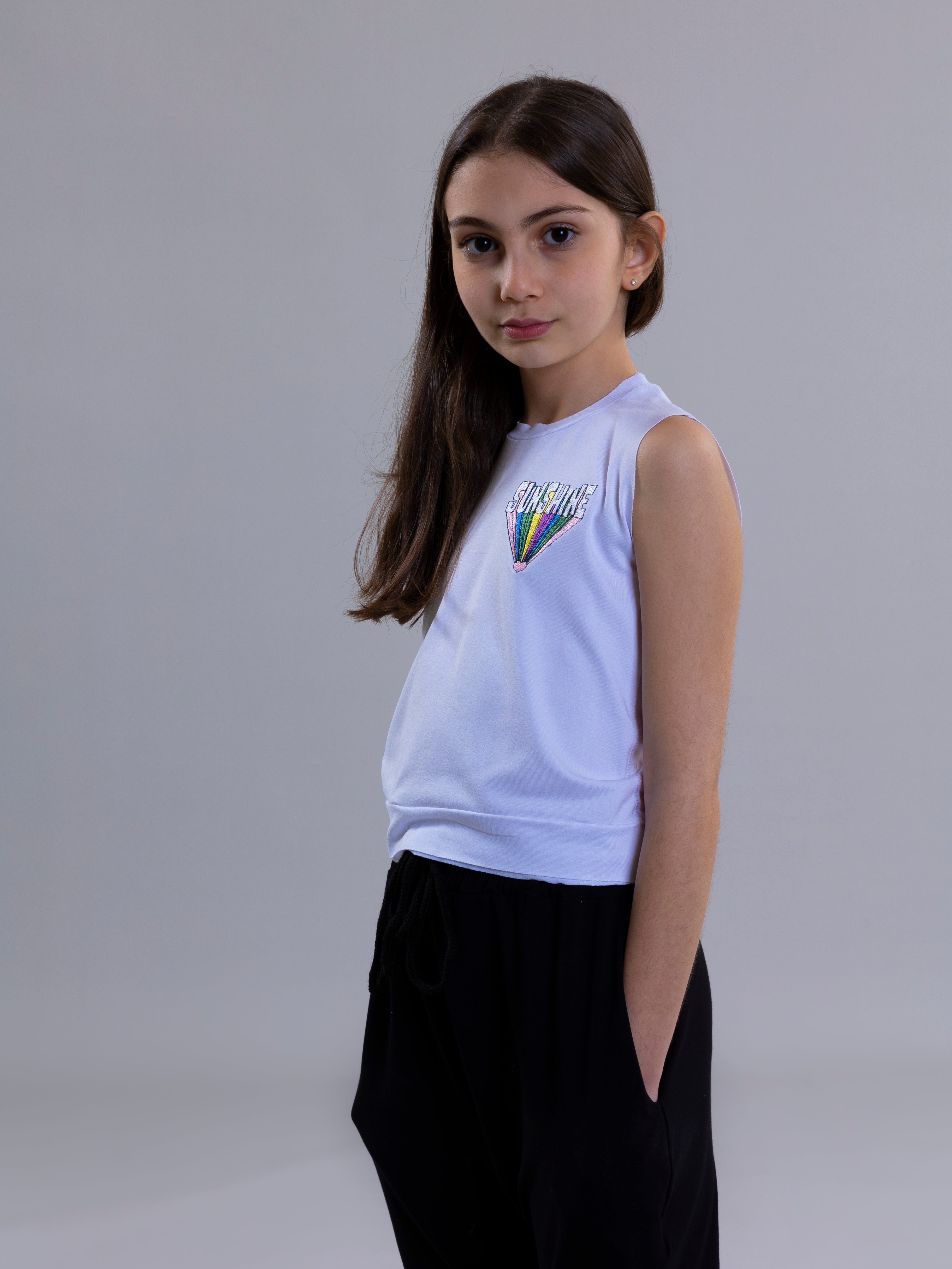 Sunshine Embroidered Tank Top For Girls - White