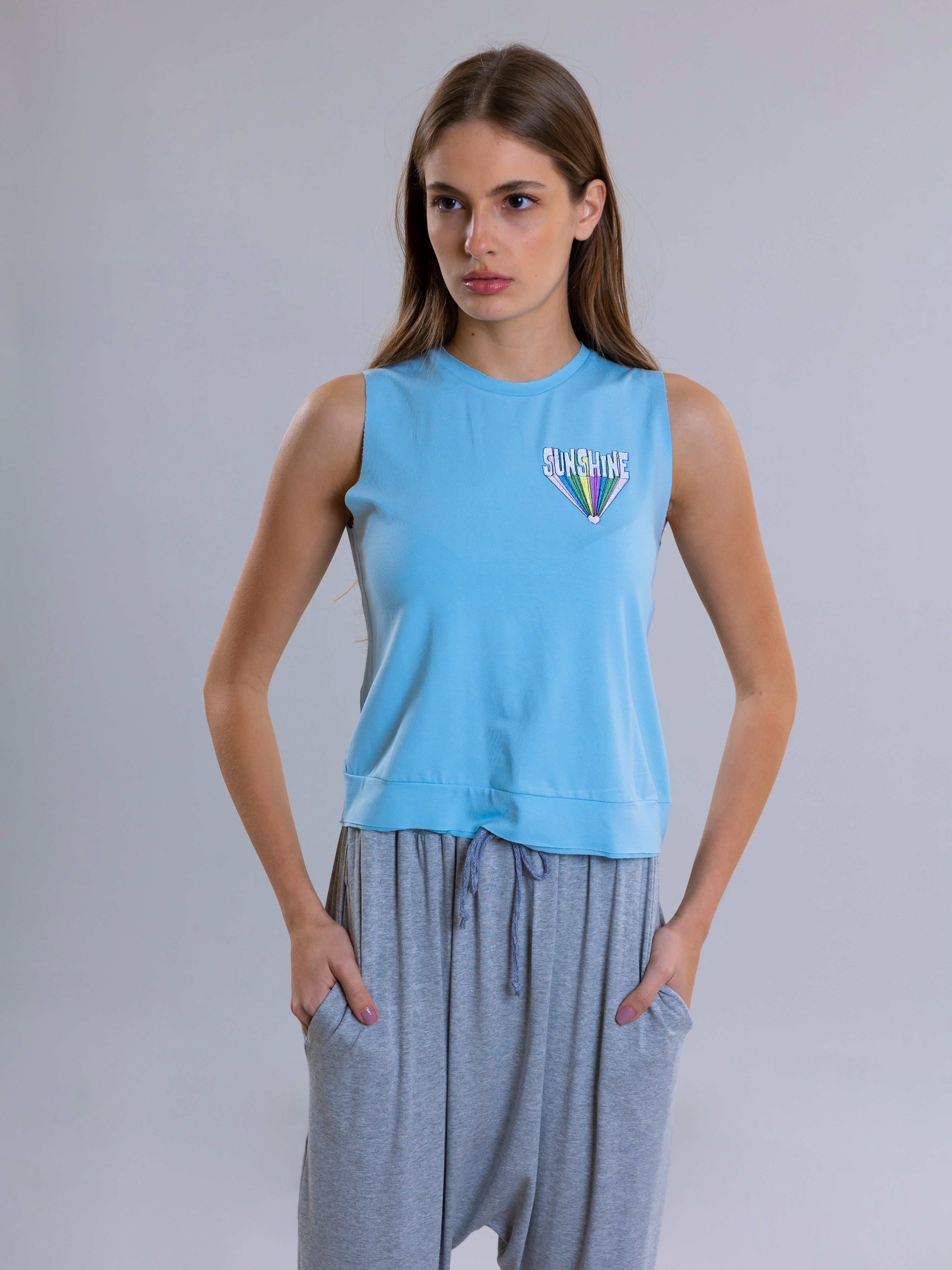 Sunshine Embroidered Tank Top For Women - Light Blue