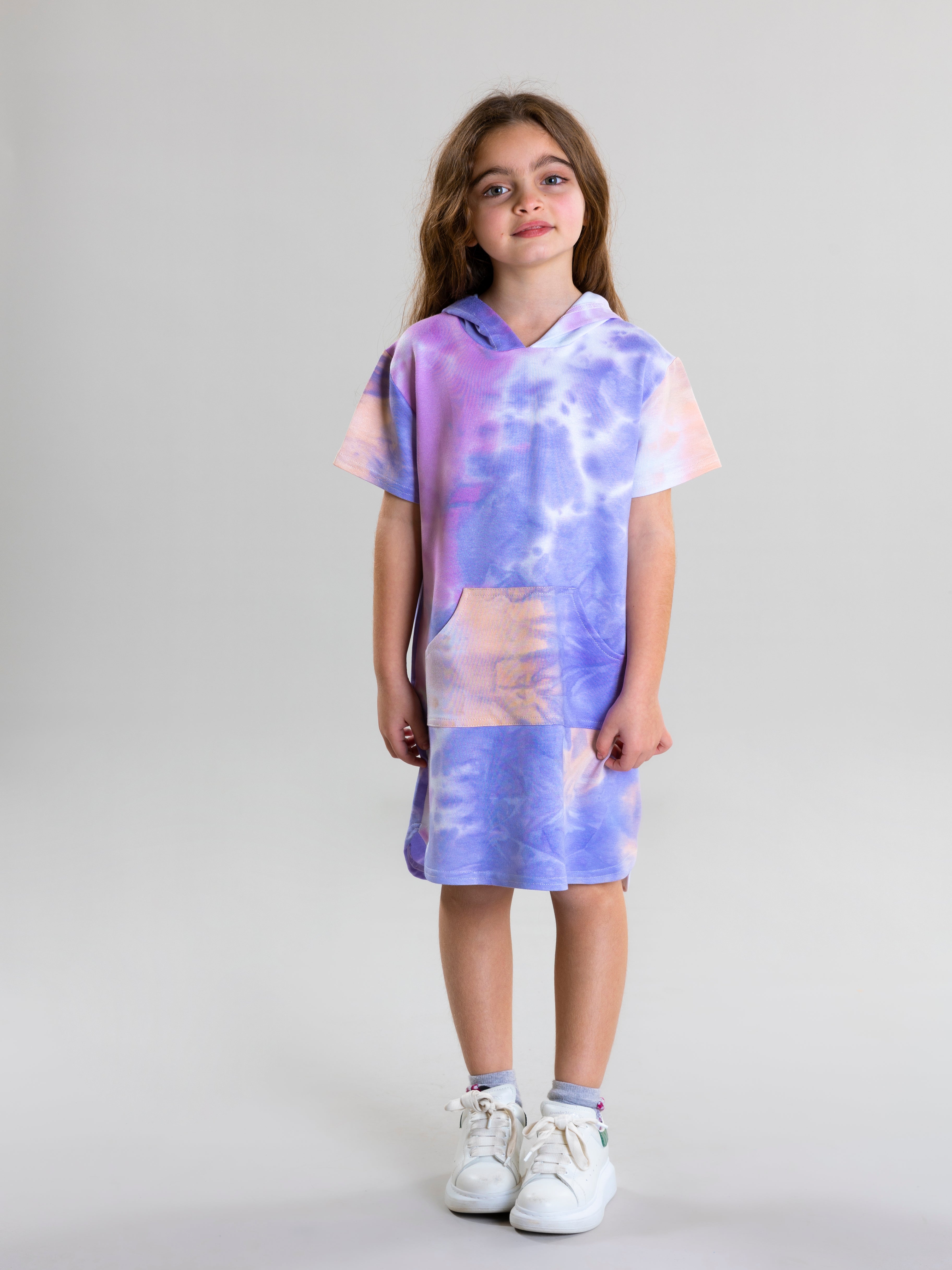 Tie Dye Dress With Hoodie For Girls - Purple