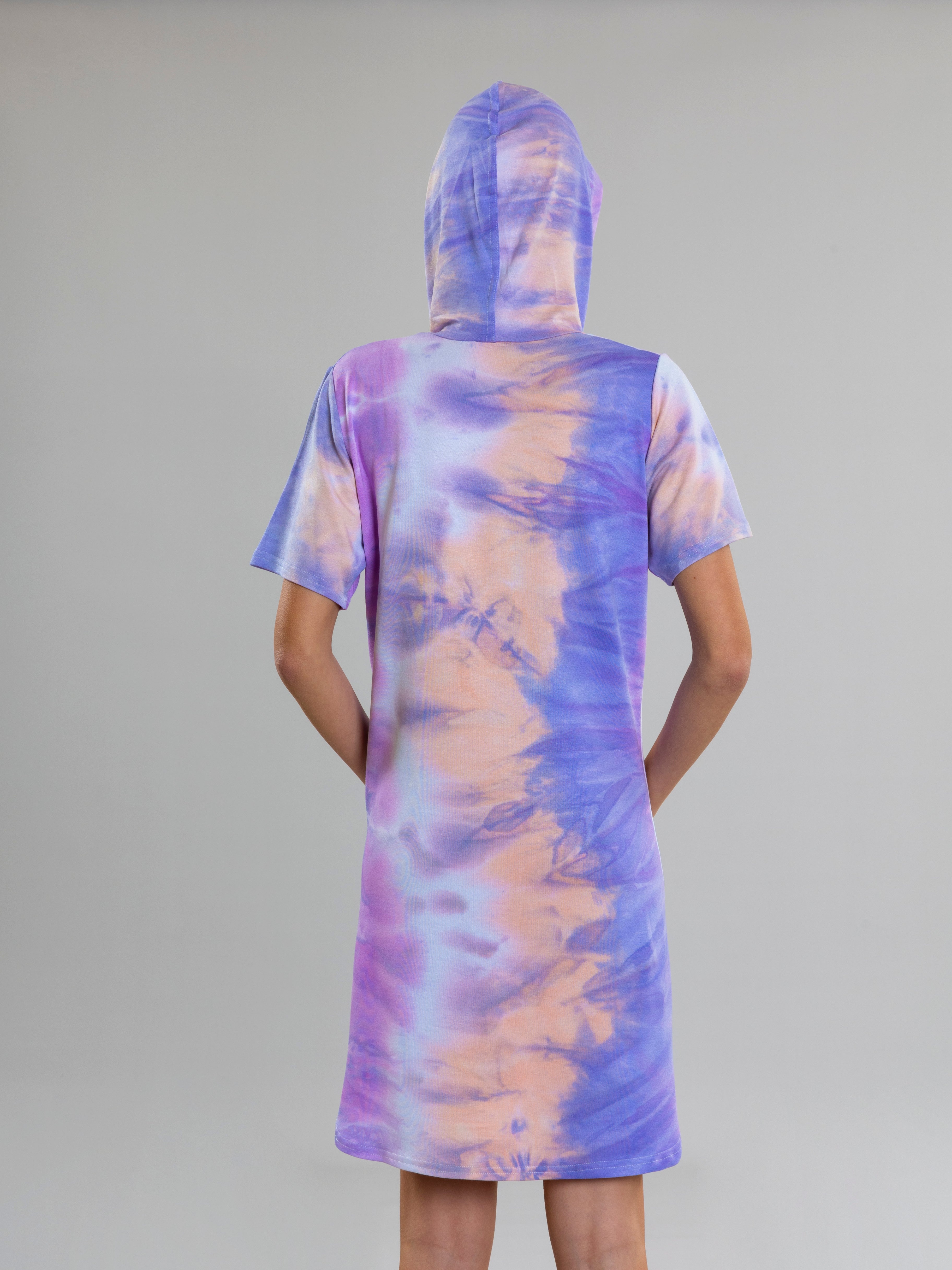 Tie Dye Dress With Hoodie For Women - Purple