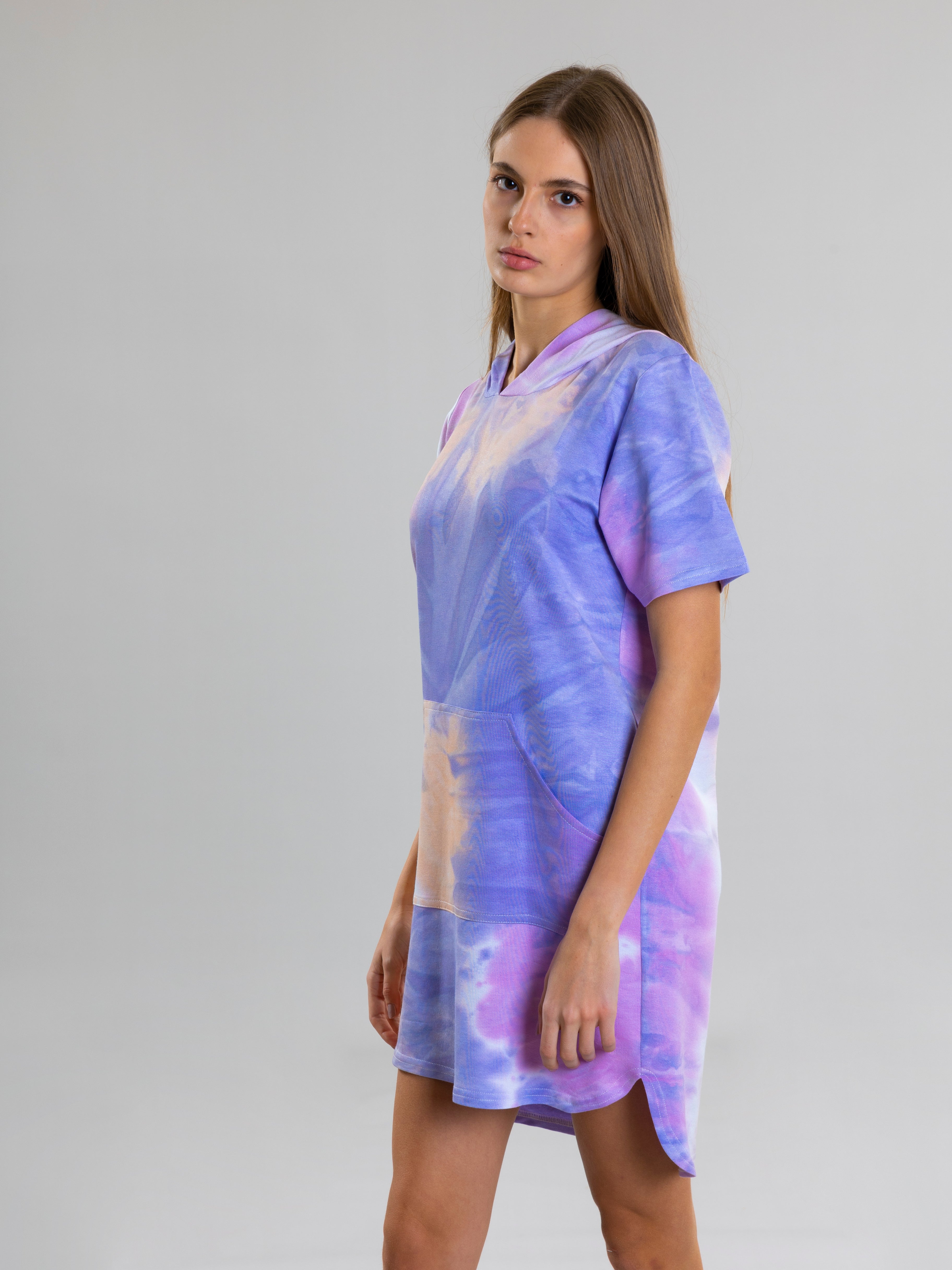 Tie Dye Dress With Hoodie For Women - Purple