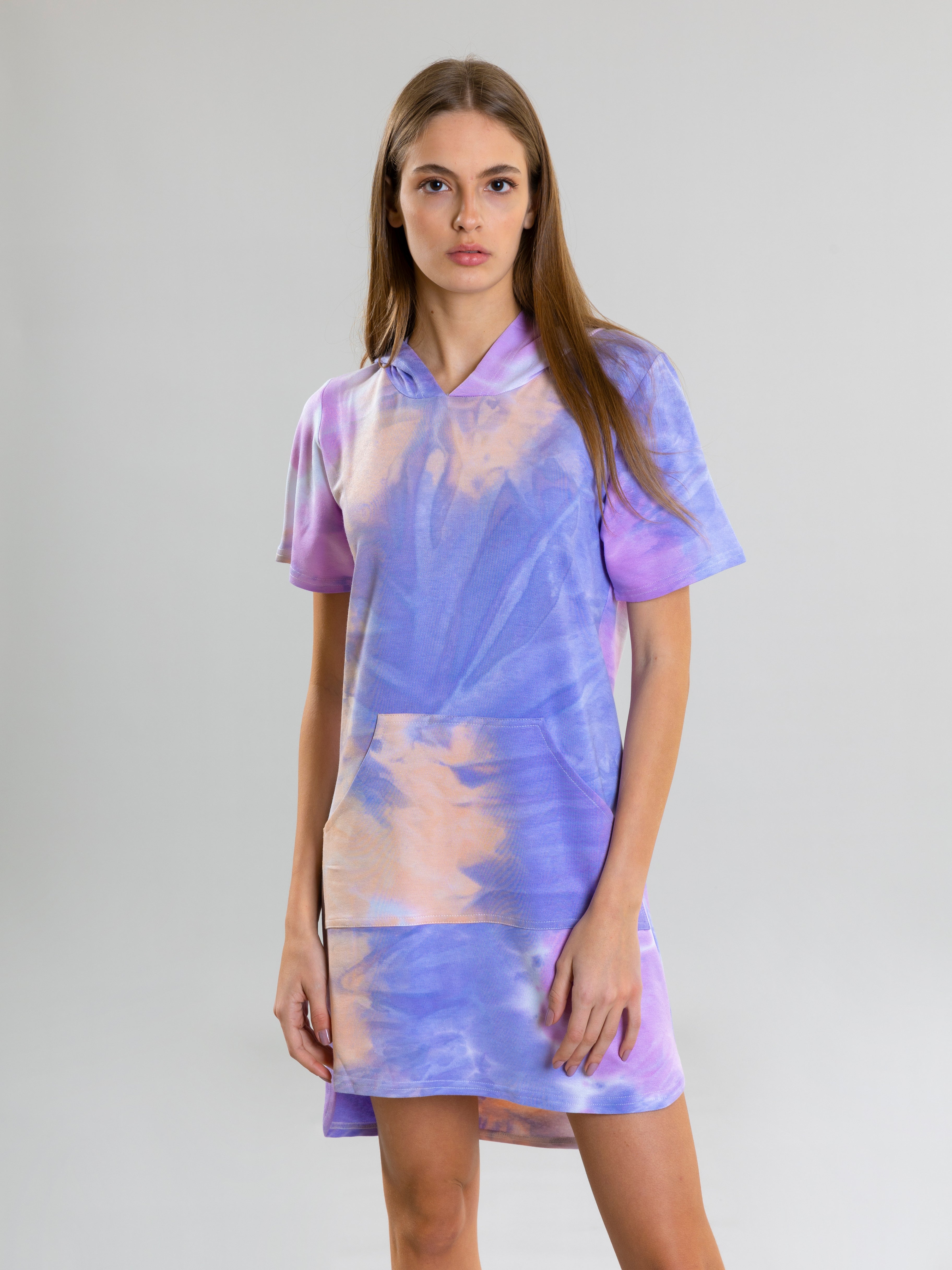 Tie Dye Dress With Hoodie For Women - Purple