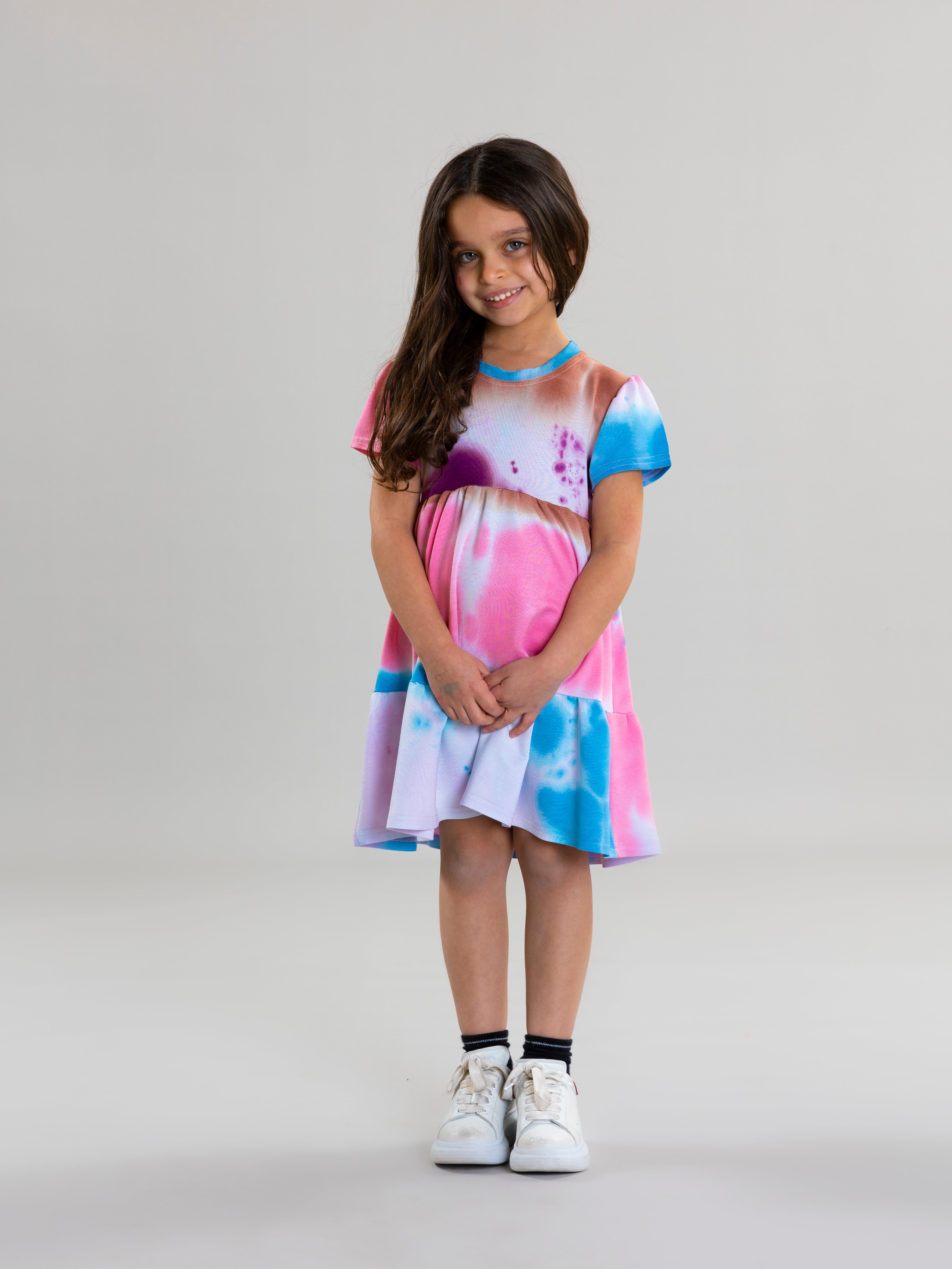 Tie Dye Dress With Pleated Sleeves For Girls - Pink