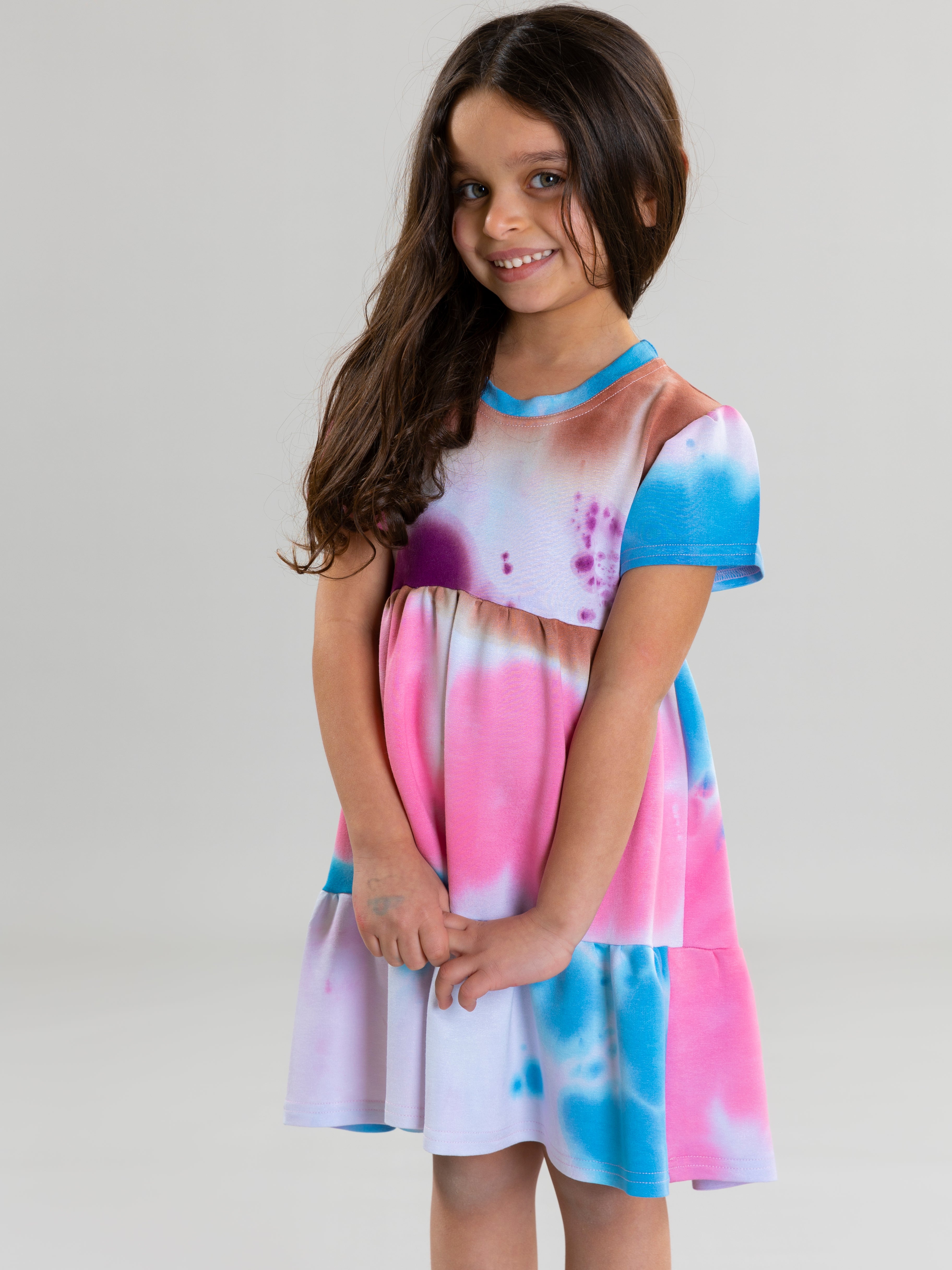 Tie Dye Dress With Pleated Sleeves For Girls - Pink