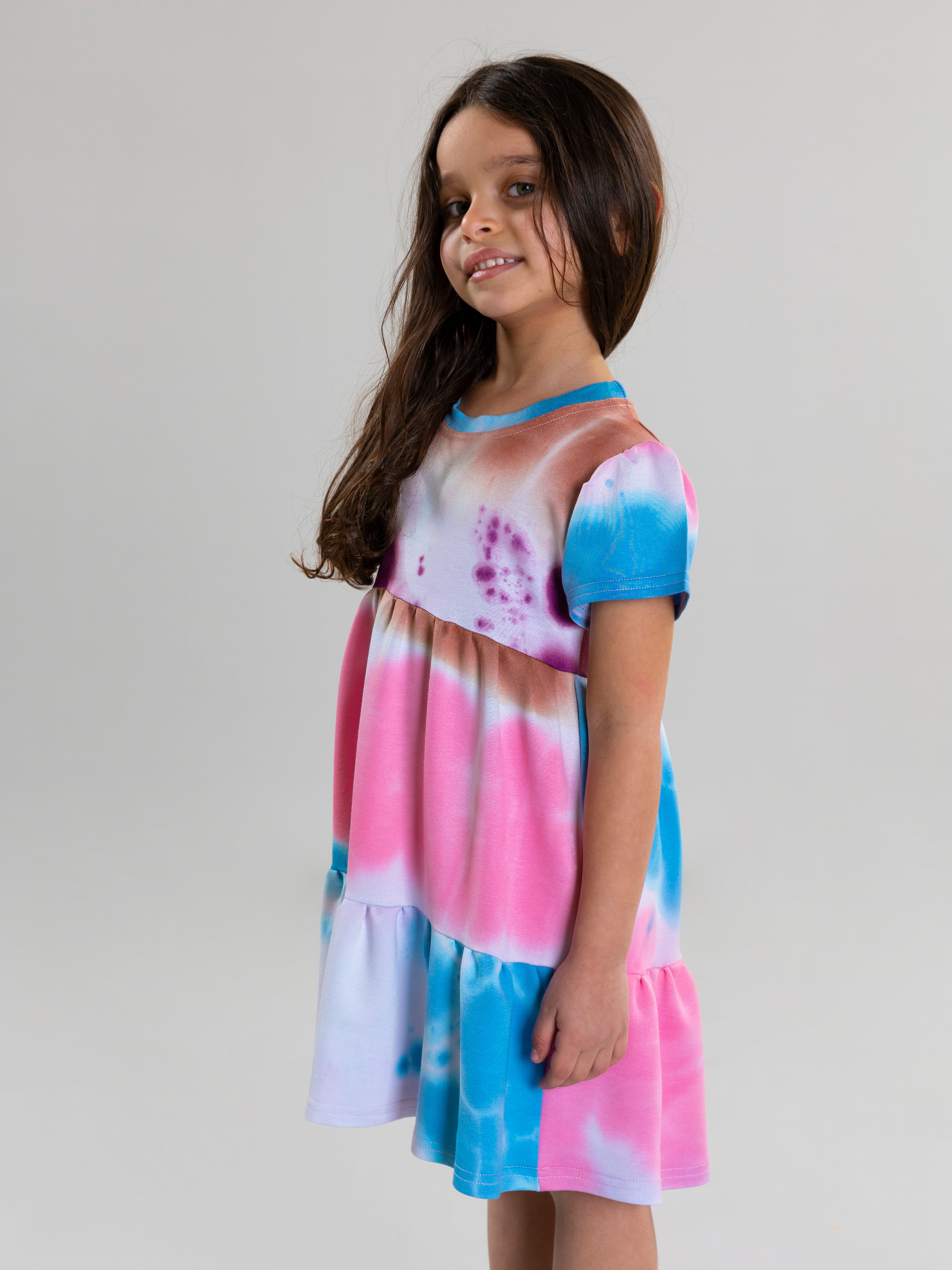 Tie Dye Dress With Pleated Sleeves For Girls - Pink