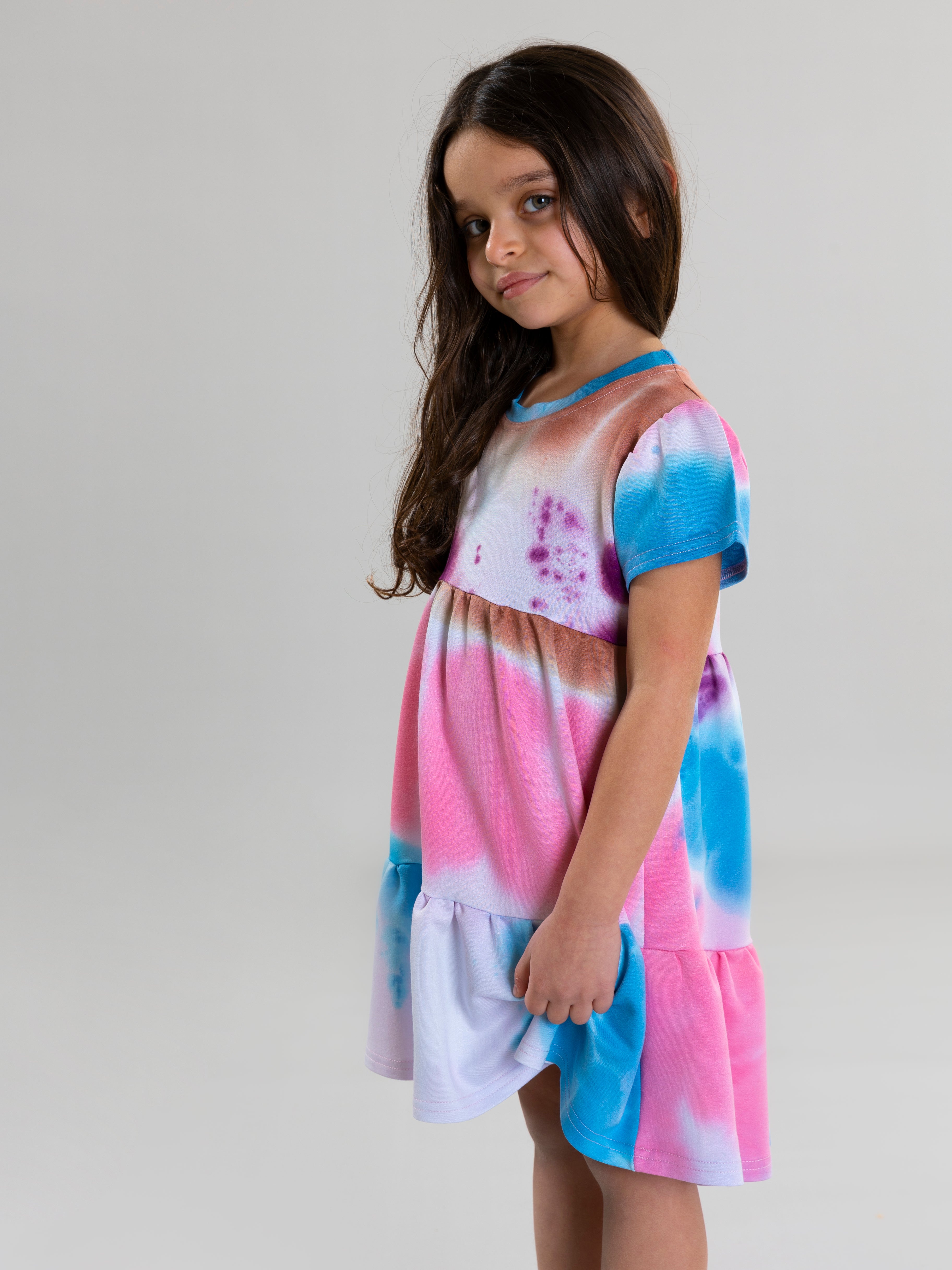 Tie Dye Dress With Pleated Sleeves For Girls - Pink