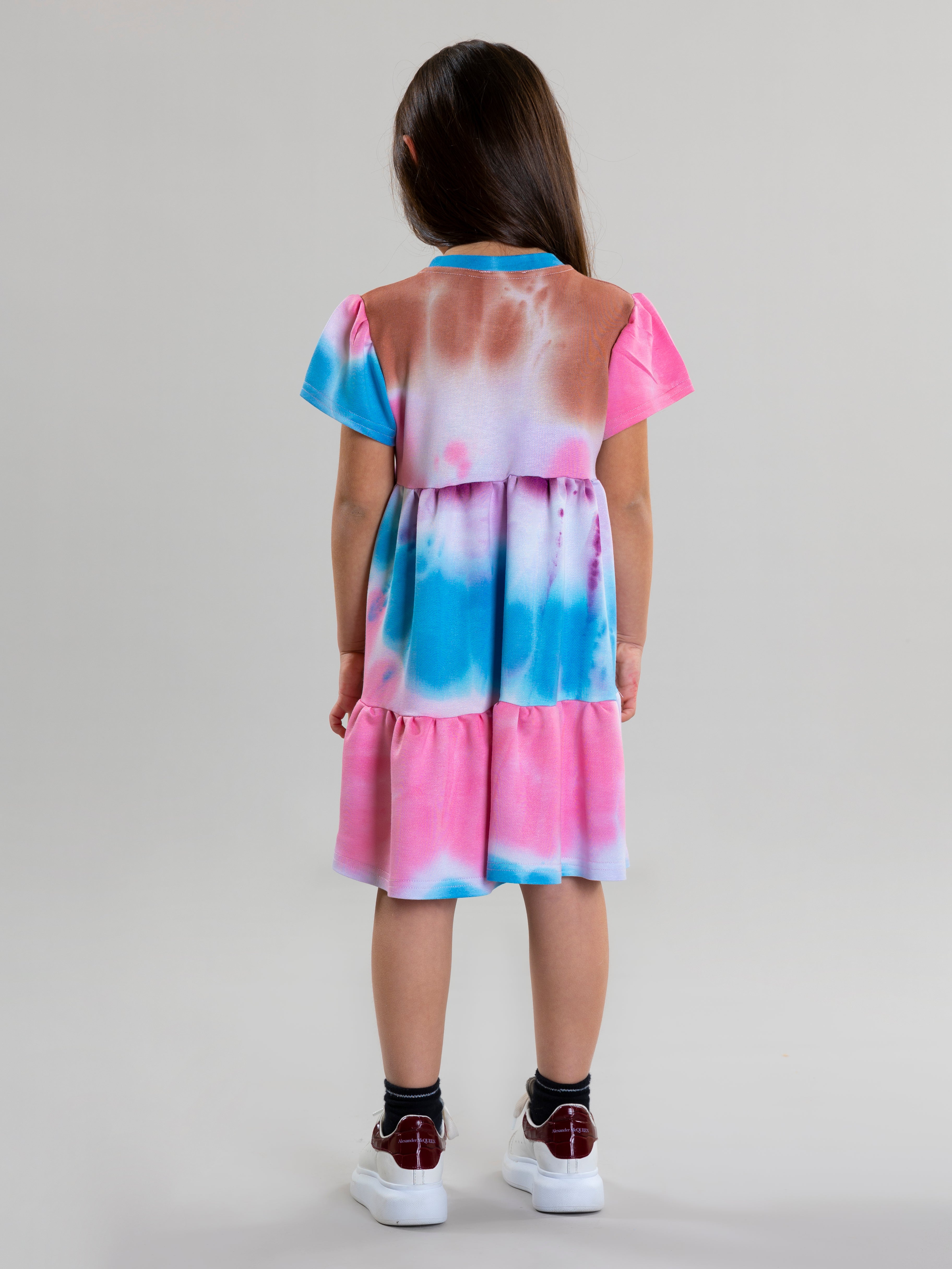 Tie Dye Dress With Pleated Sleeves For Girls - Pink