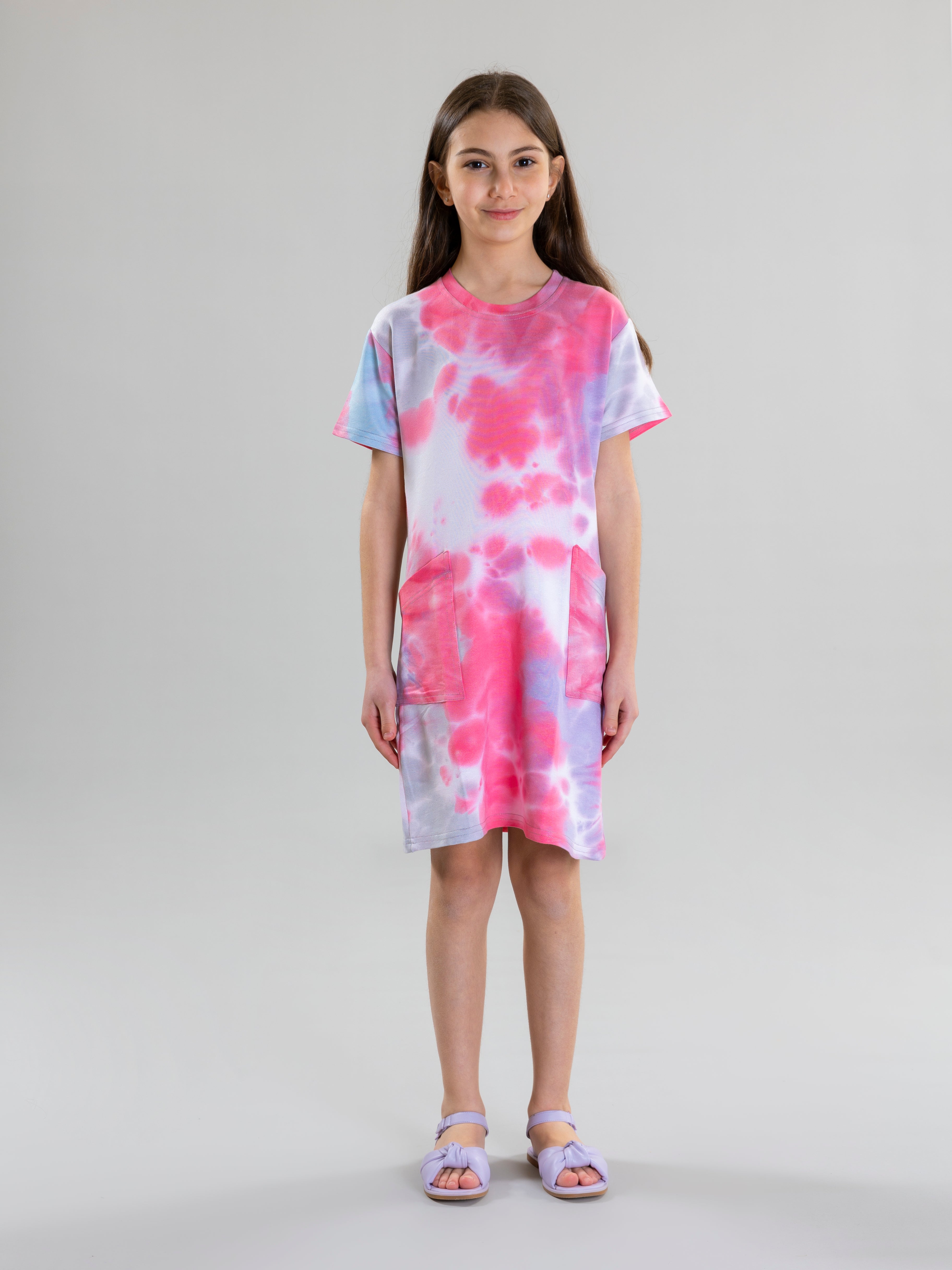 Tie Dye Dress With Side Pockets For Girls - Pink