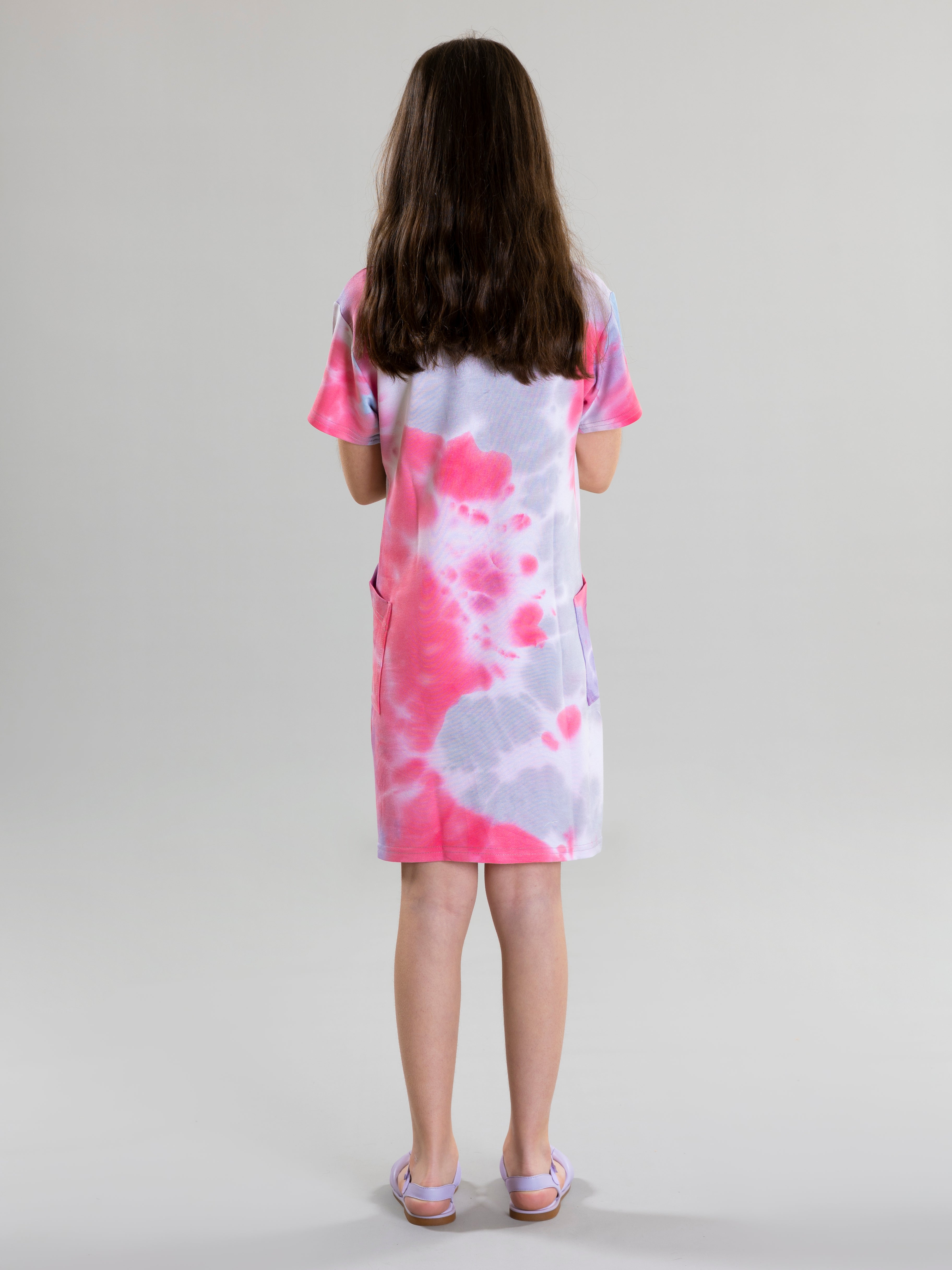 Tie Dye Dress With Side Pockets For Girls - Pink