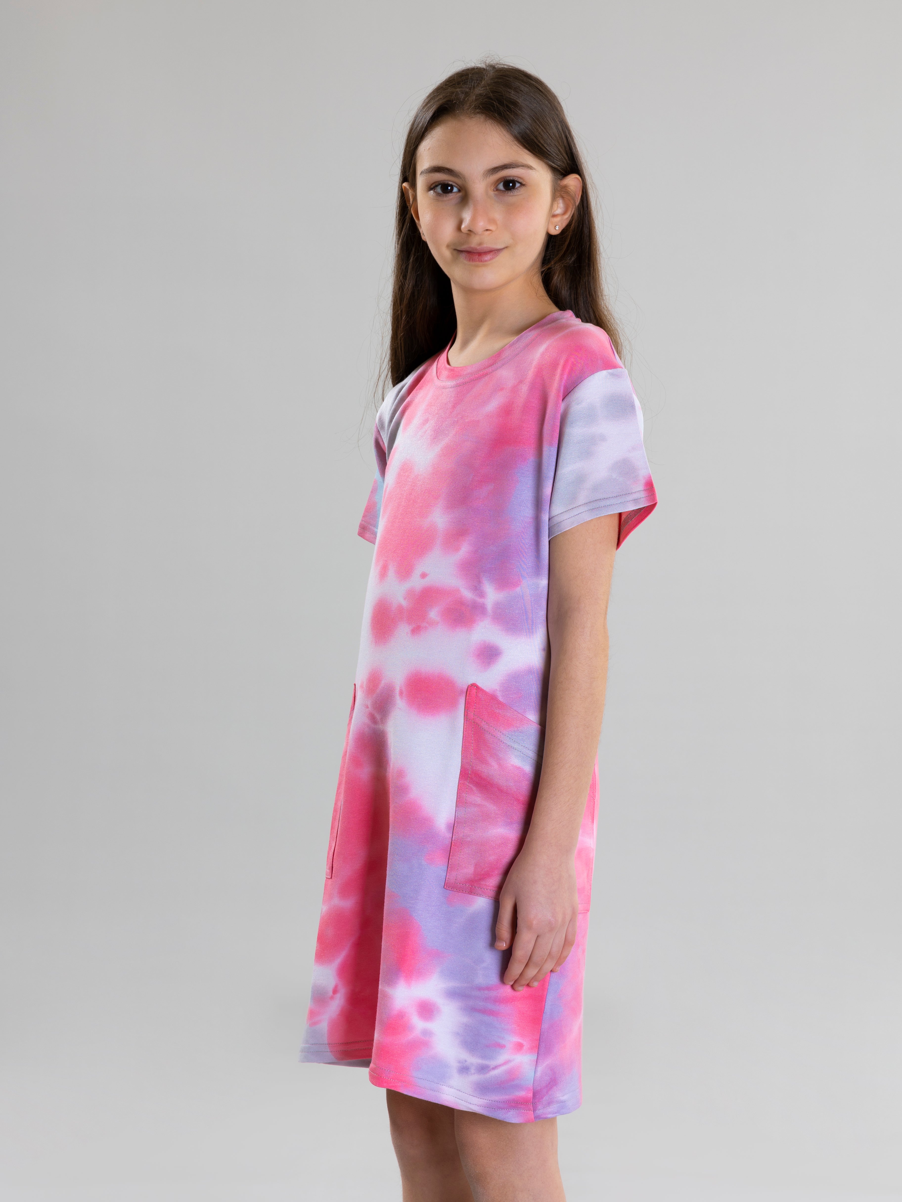 Tie Dye Dress With Side Pockets For Girls - Pink