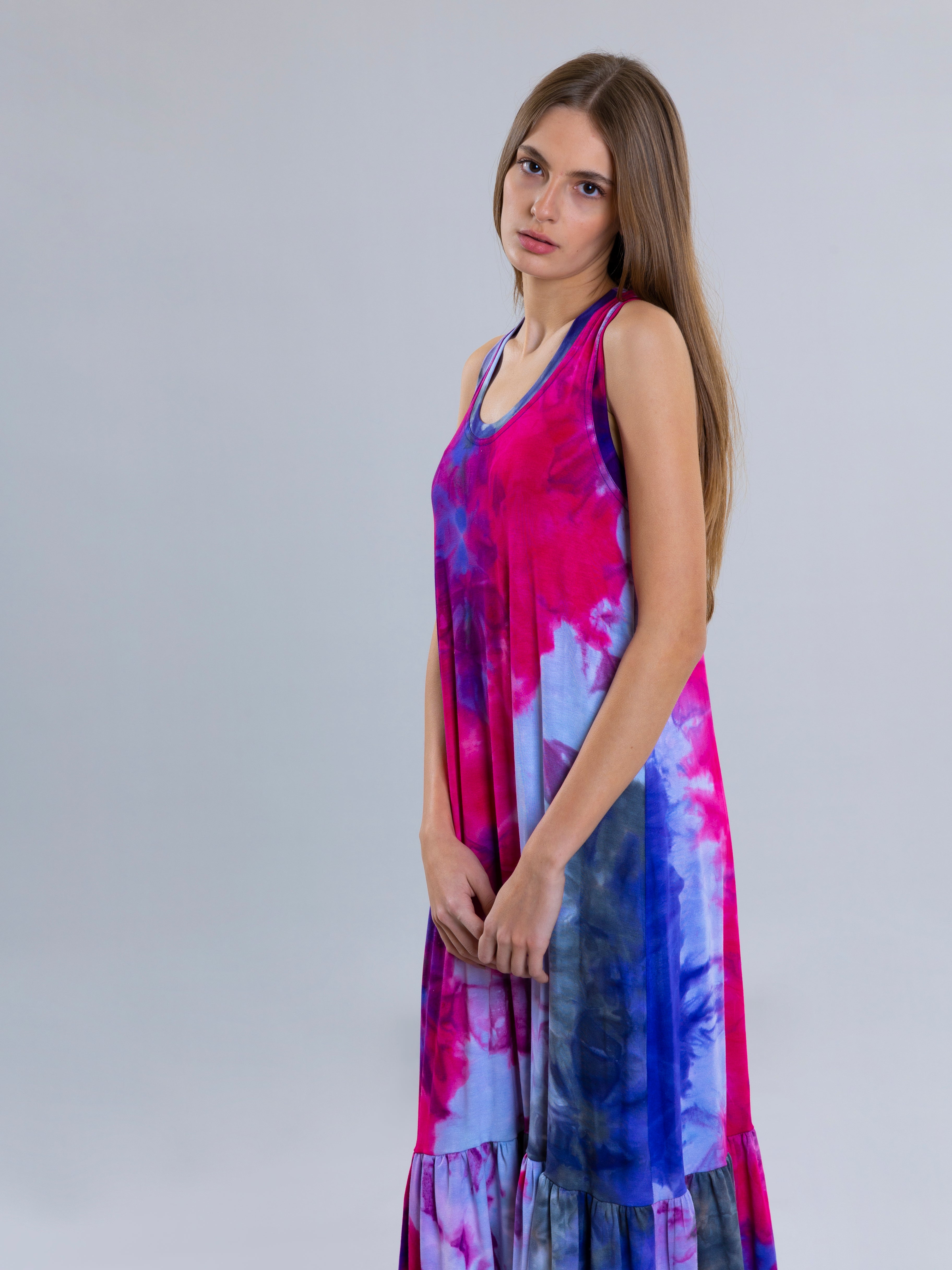 Tie Dye Long Dress For Women - Fuchsia